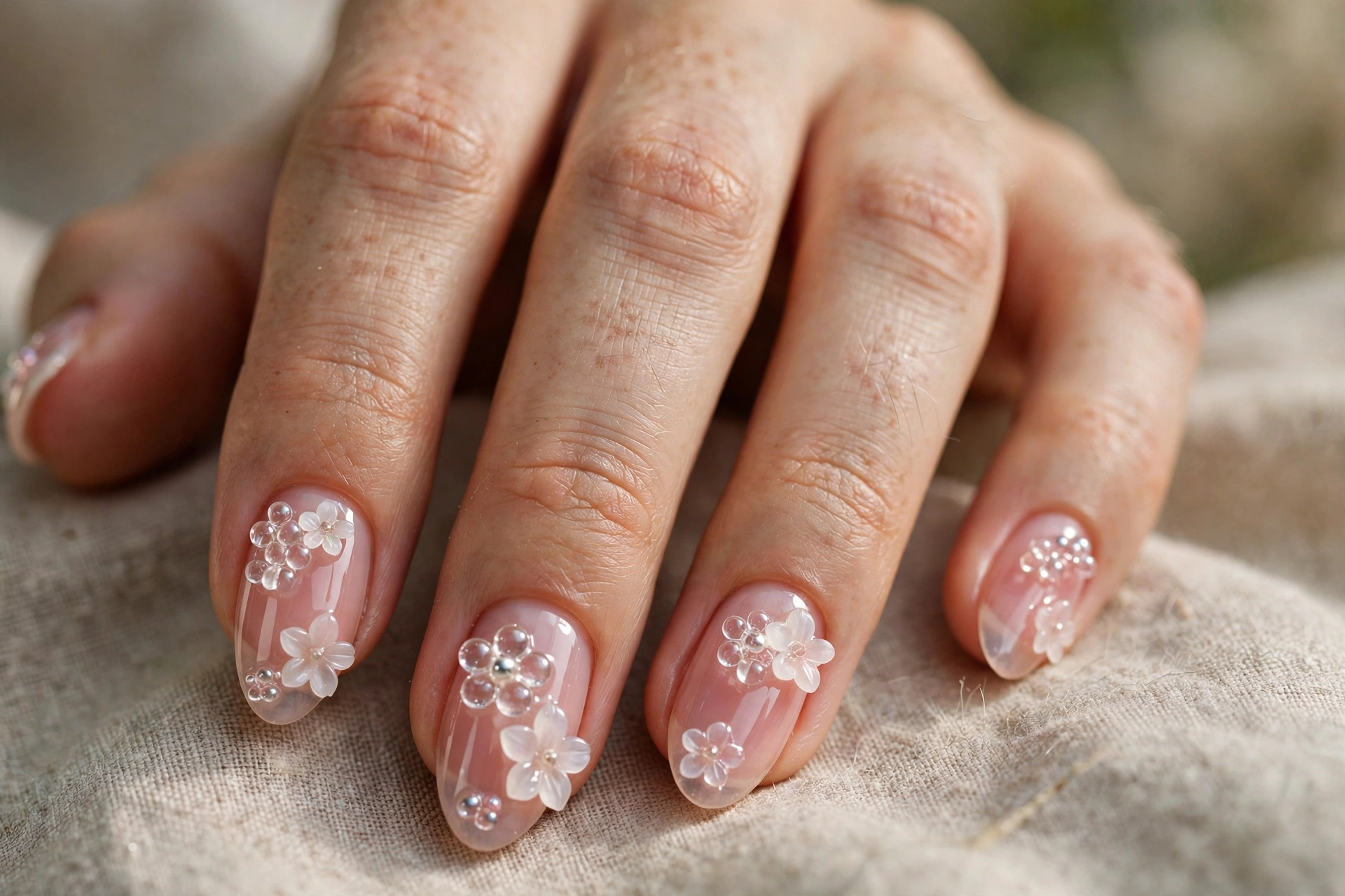 Glass-bead 3D flower gel nails on sheer pink base