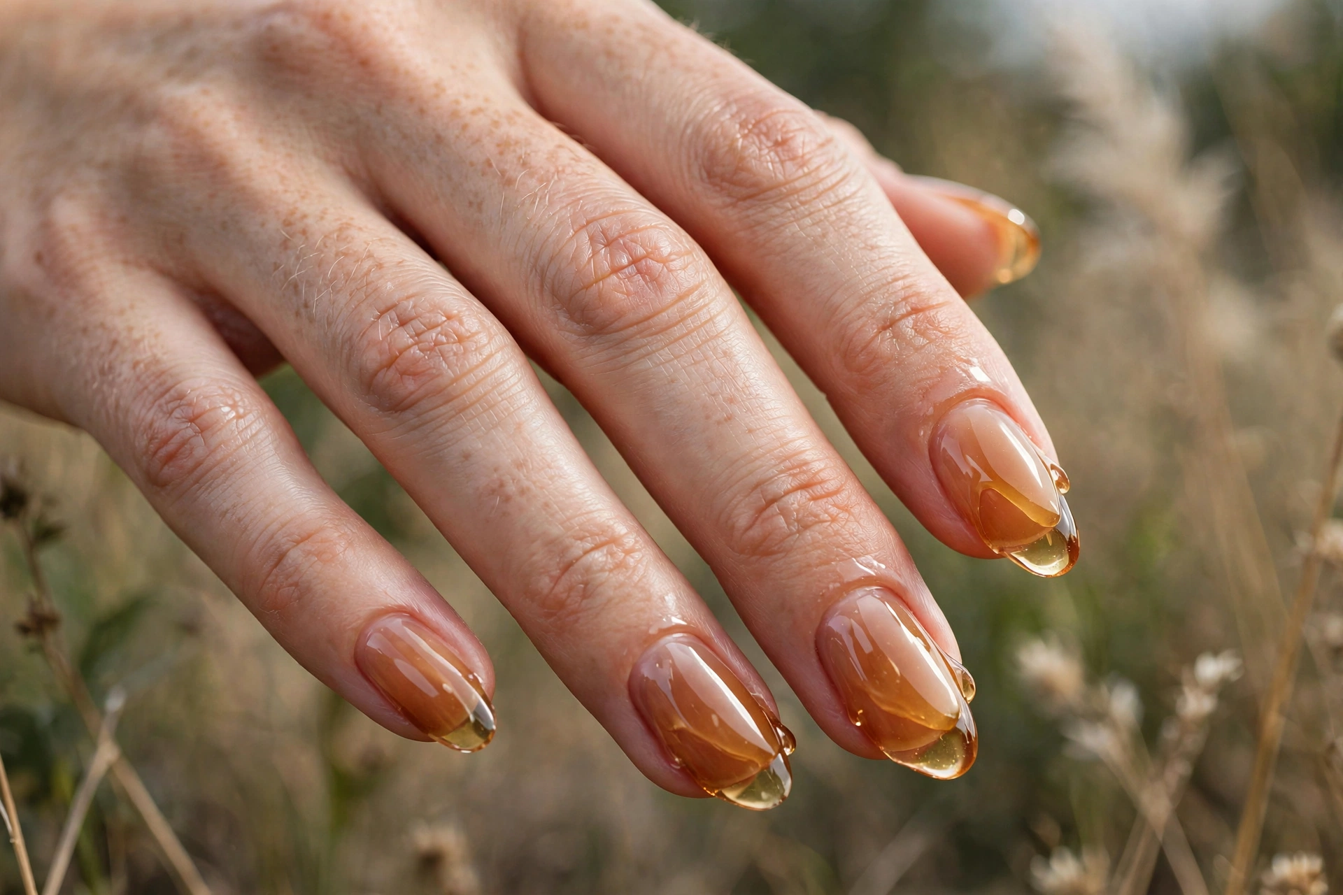 Honey brown syrup gel nails with juicy translucent finish