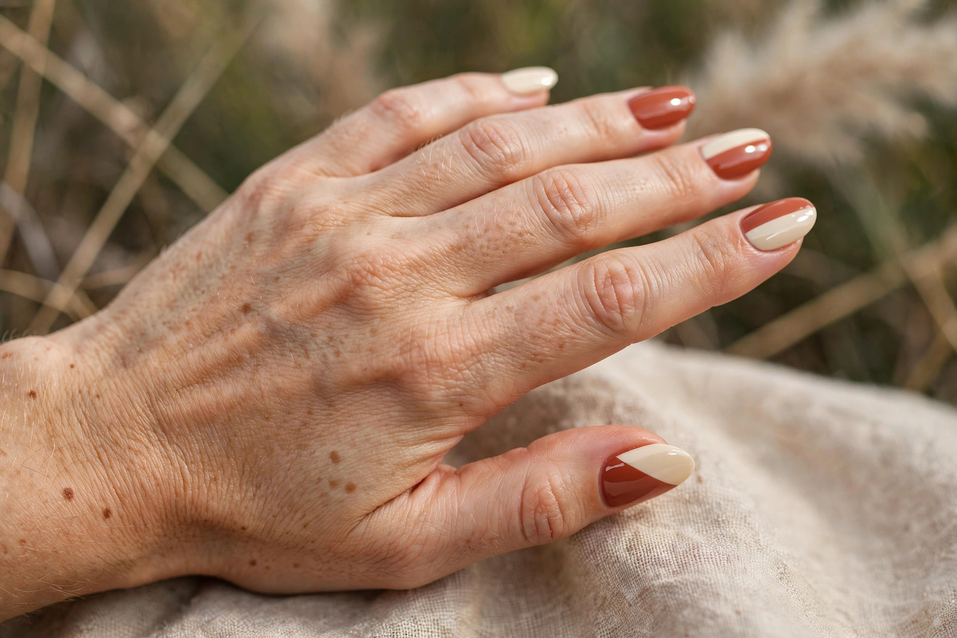 Two-tone terracotta and cream color block gel nails