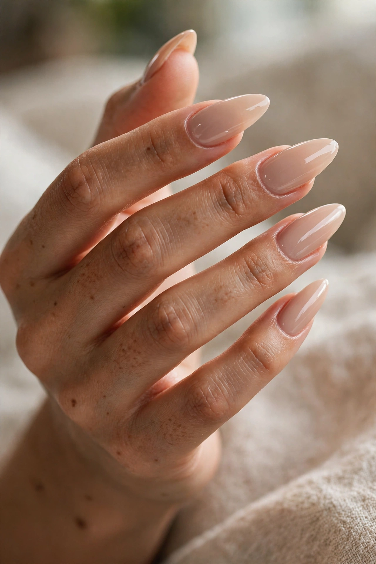 Classic glossy nude almond-shaped Gel X nail extensions