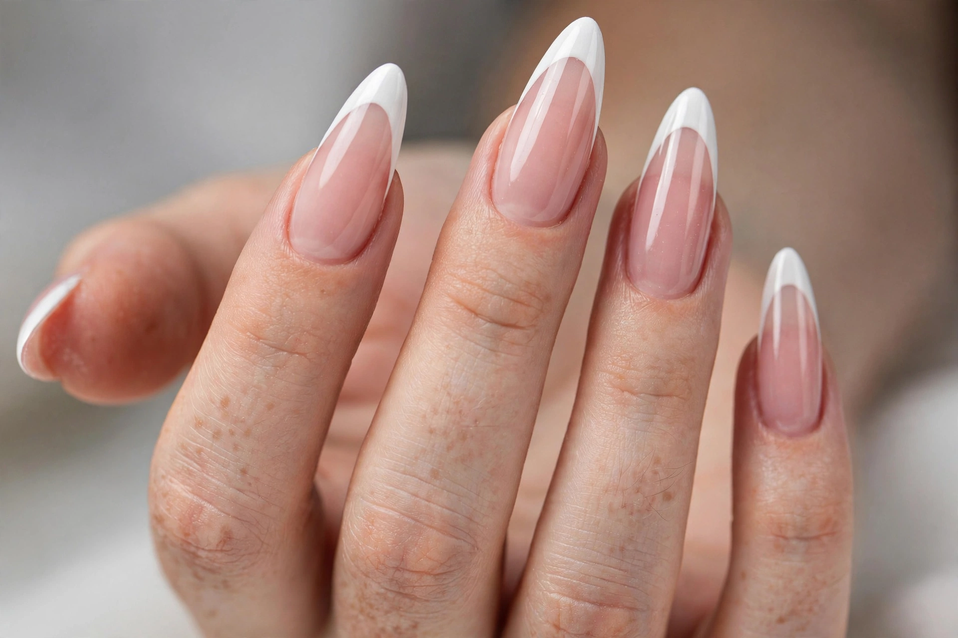 White French tips on long almond Gel X nail extensions