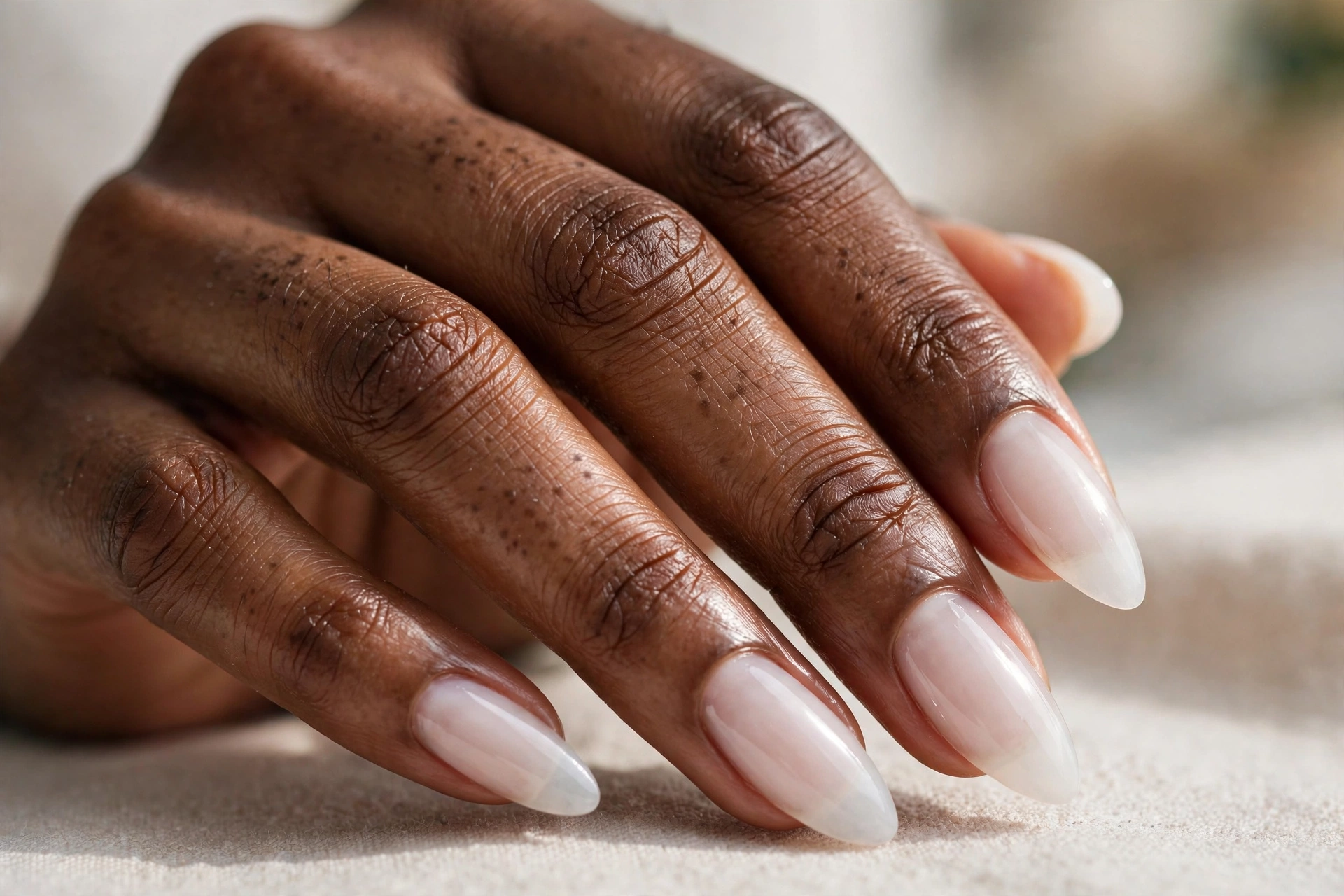 Sheer milky white wash on almond Gel X nail extensions