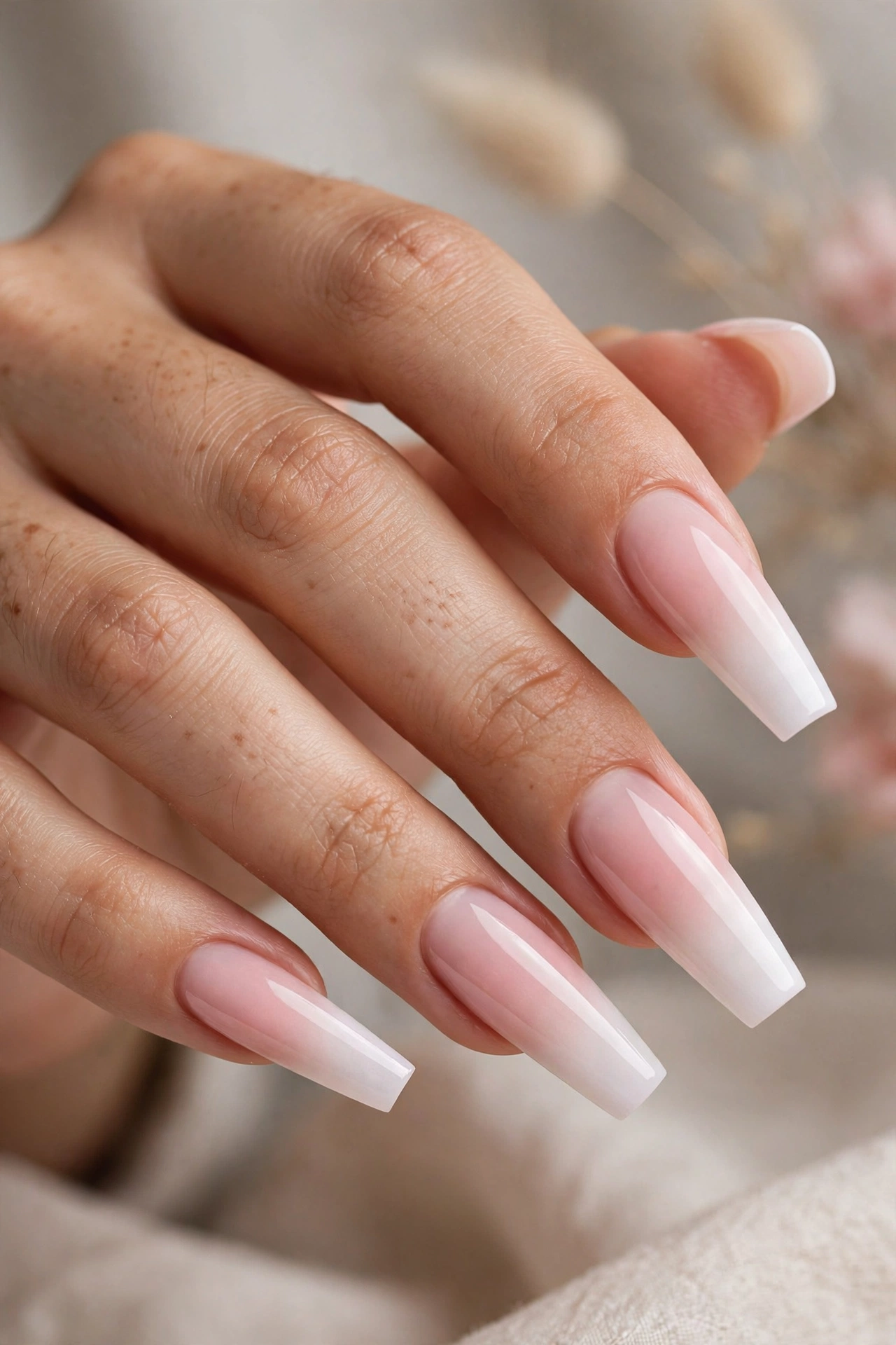 Soft pink to white ombre on coffin-shaped Gel X nail extensions