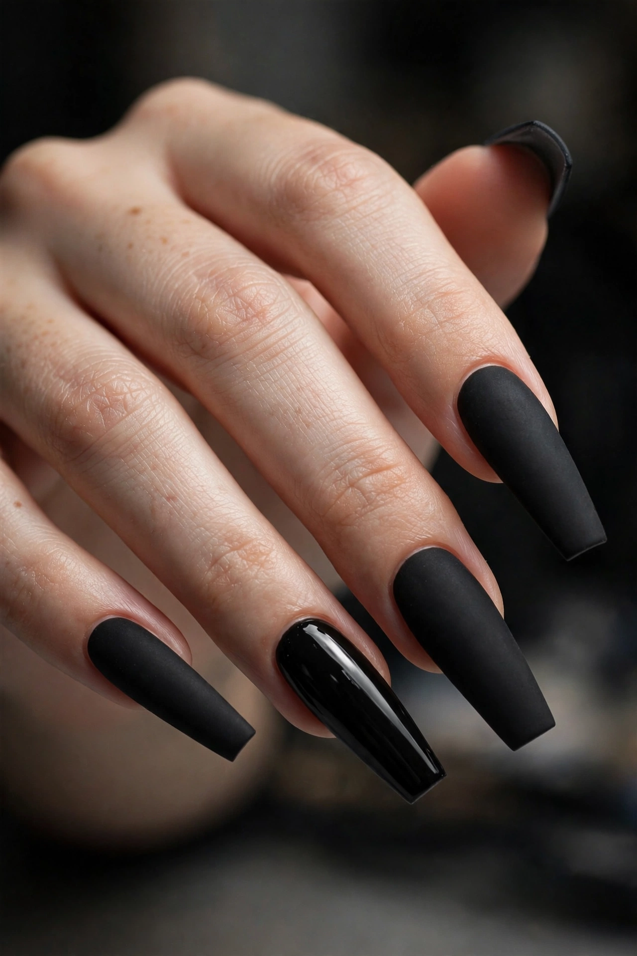 Matte black Gel X nail extensions with glossy black accent nails
