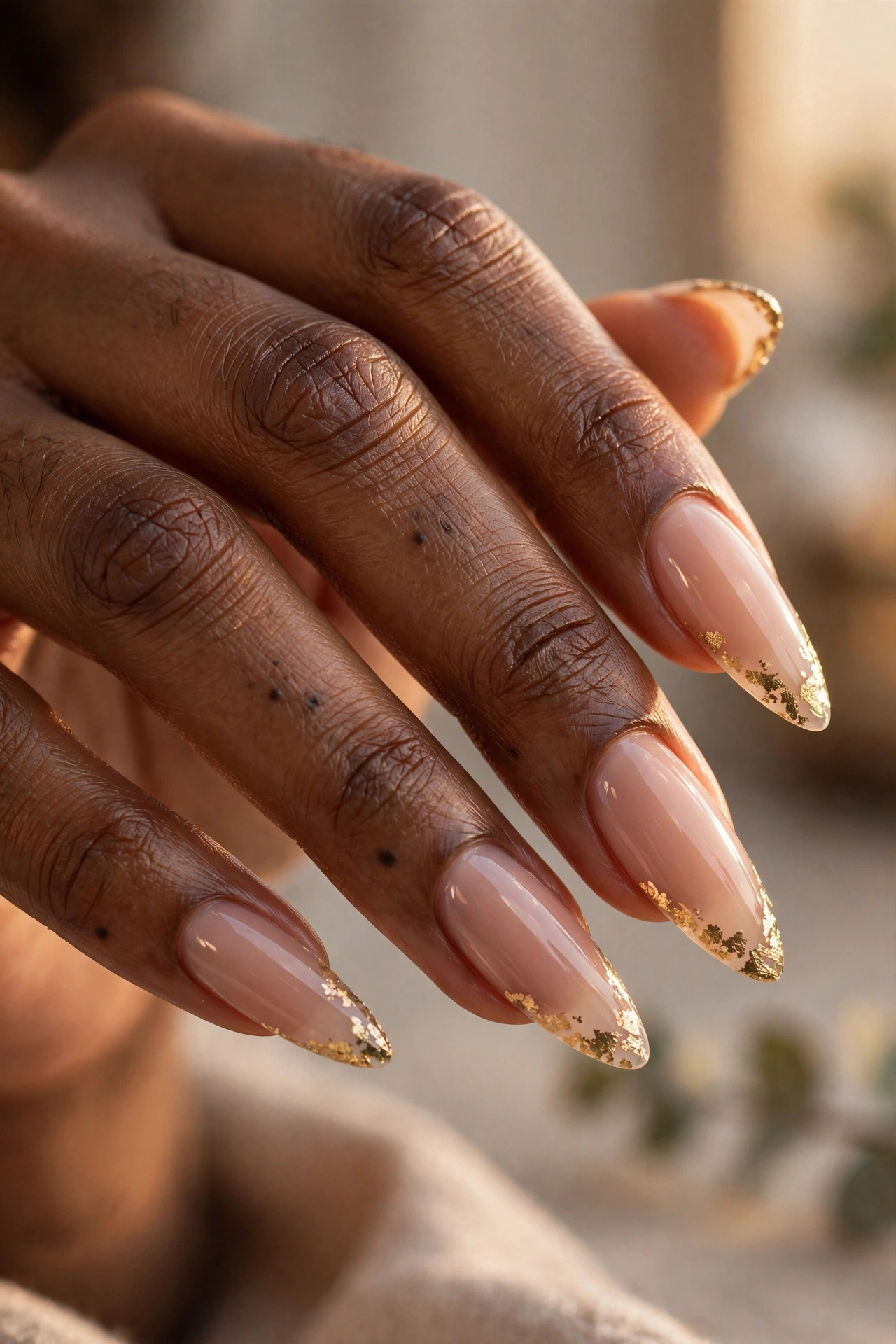 Nude Gel X nail extensions with delicate gold foil flakes near the tips
