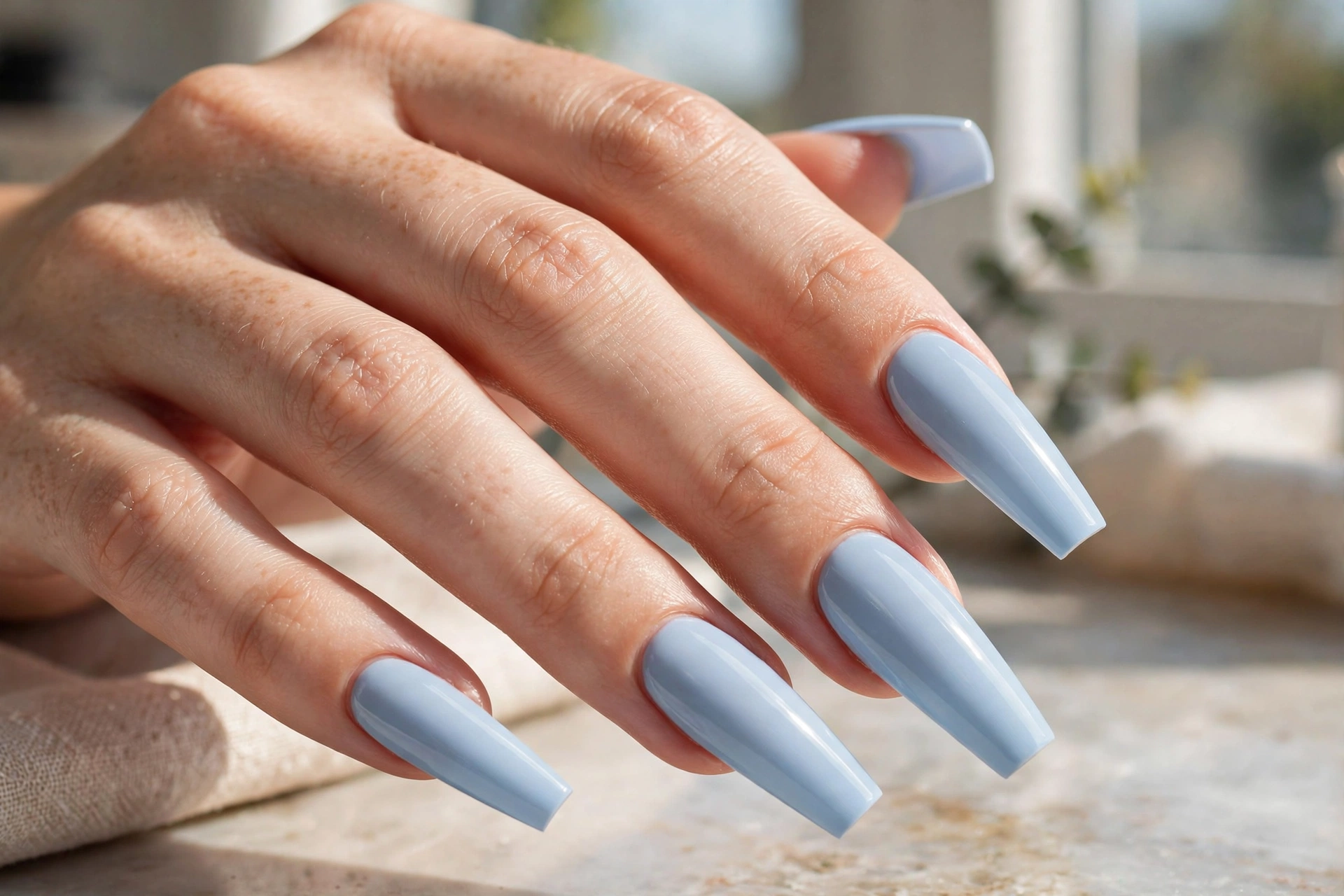 Soft baby blue pastel on coffin-shaped Gel X nail extensions