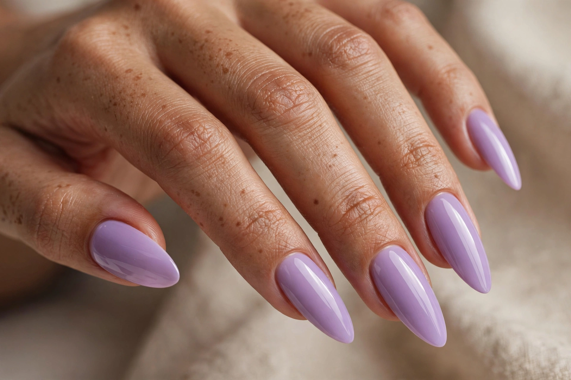 Soft lavender purple on almond Gel X nail extensions