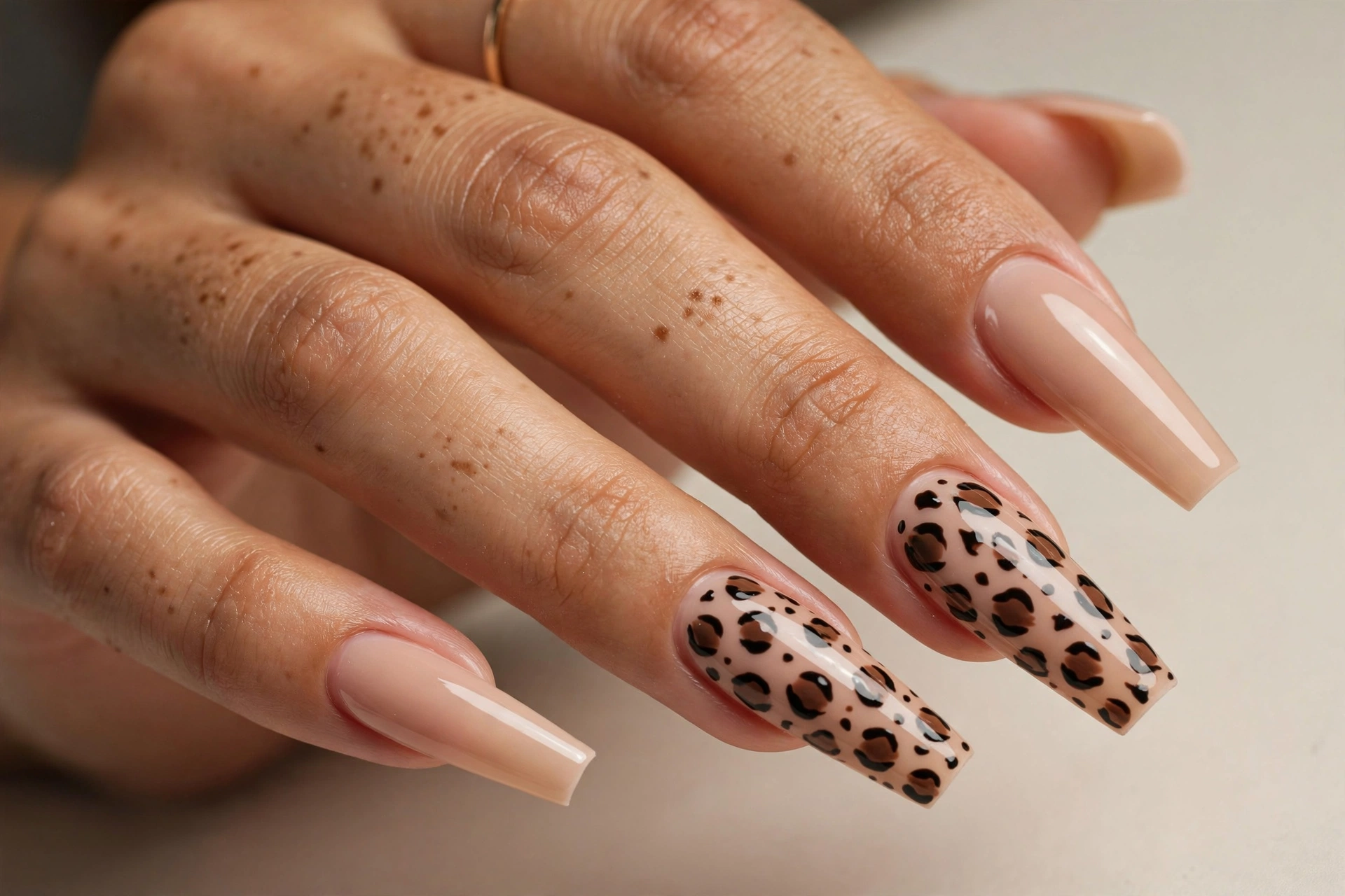 Nude Gel X nail extensions with leopard print accent nails