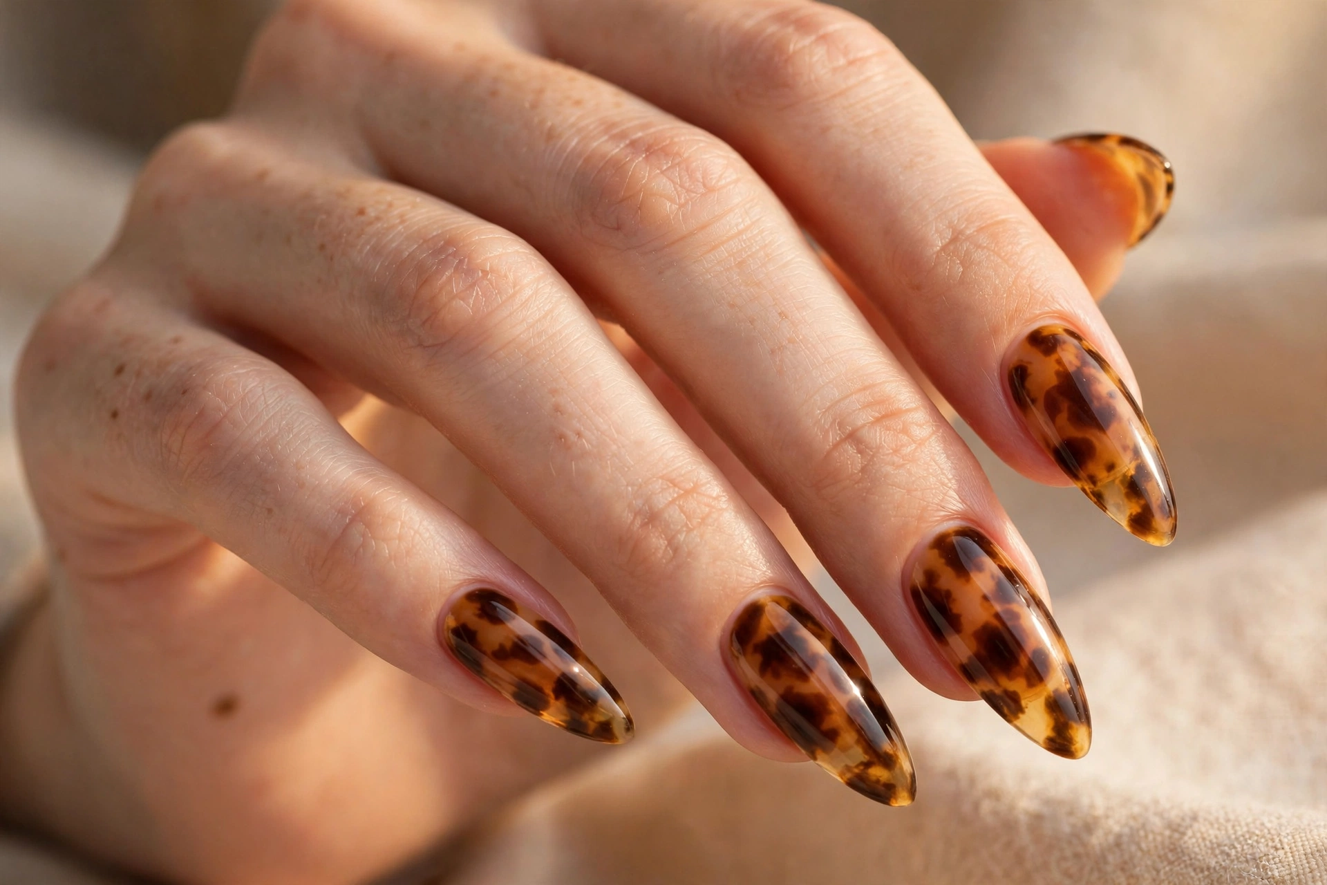 Amber tortoiseshell pattern on almond Gel X nail extensions