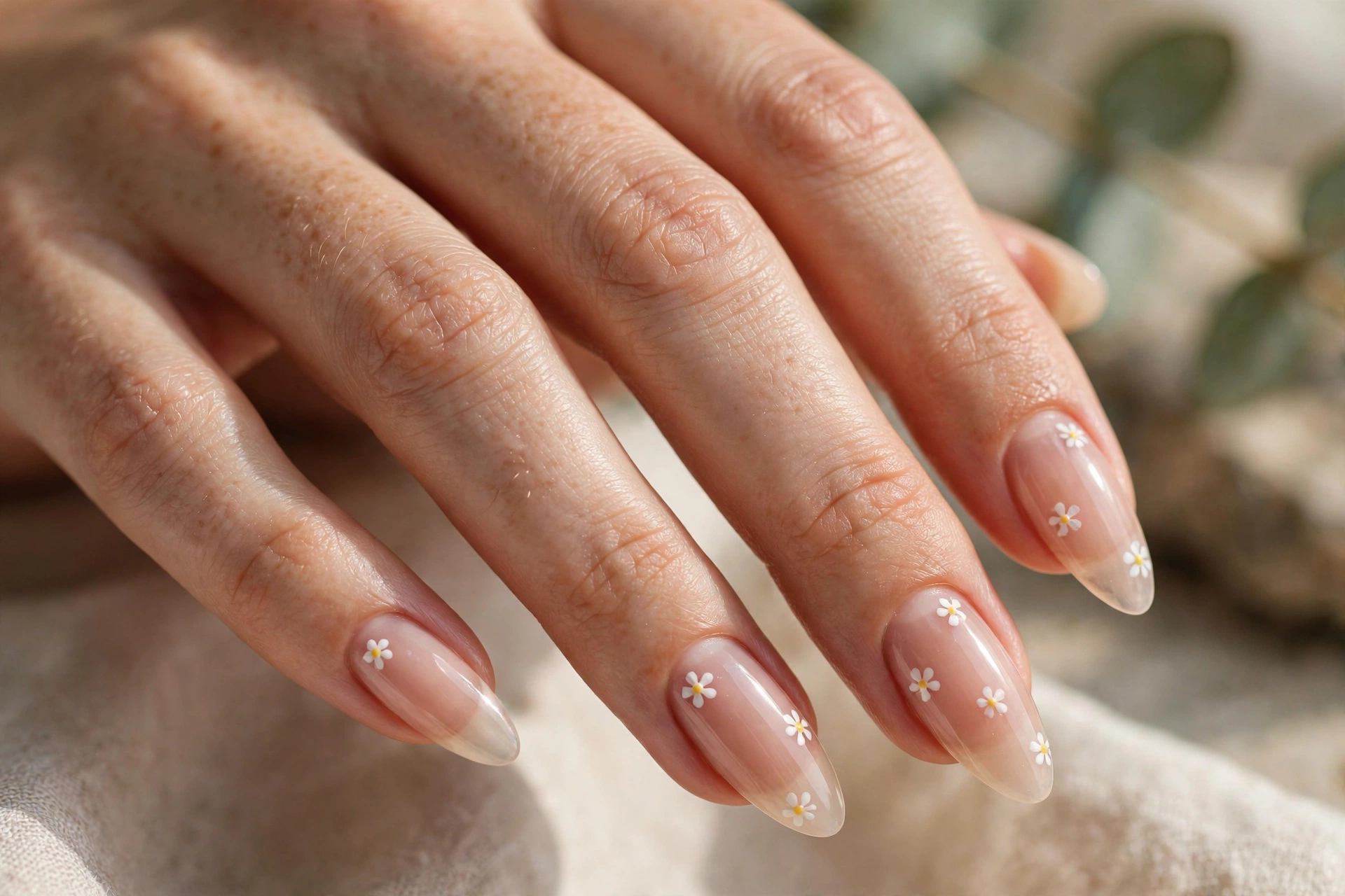 Sheer nude Gel X nail extensions with tiny white daisy flowers