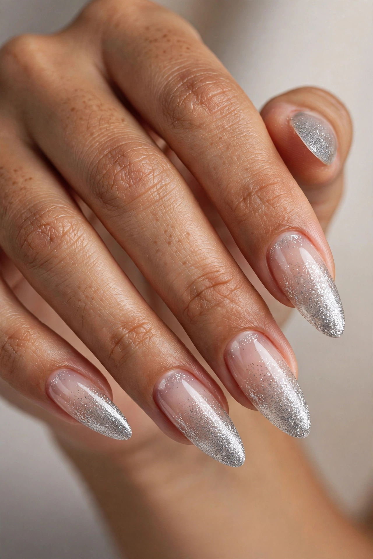 Silver glitter ombre fading on almond Gel X nail extensions