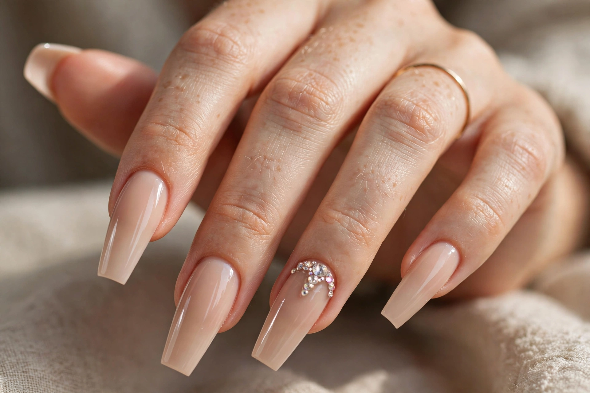 Nude coffin Gel X nail extensions with rhinestone accent on ring finger