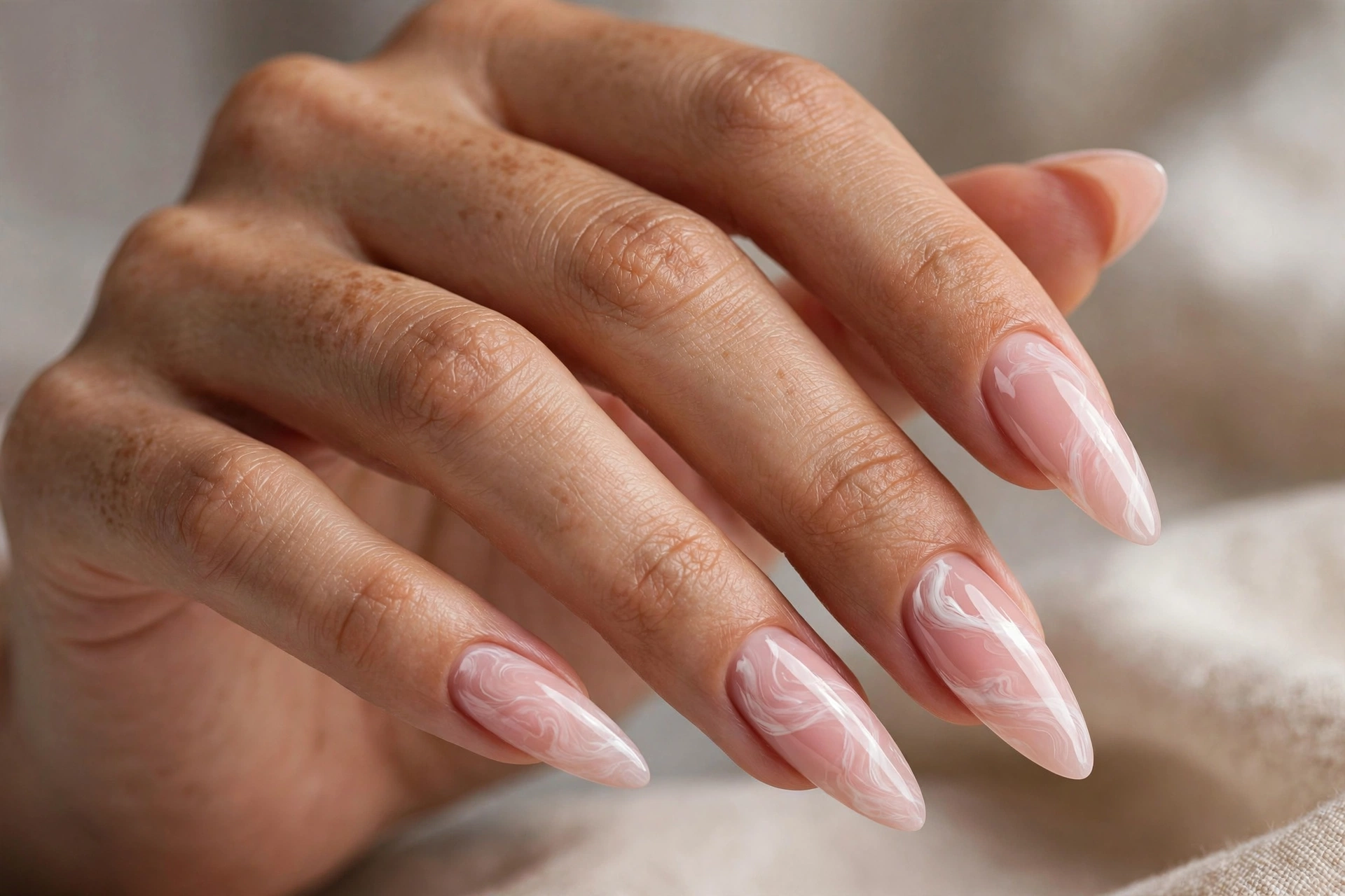 White marble swirls on blush pink almond Gel X nail extensions