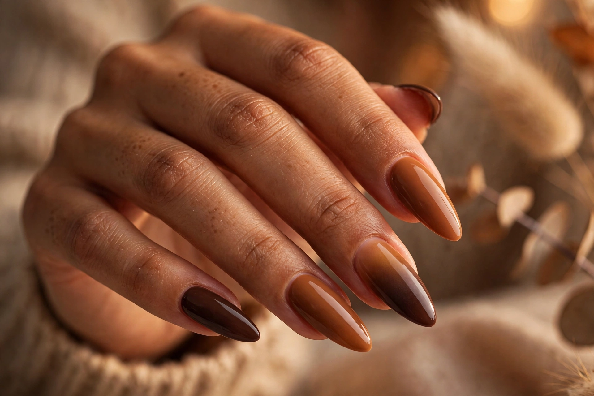 Warm caramel and chocolate brown autumn tones on almond Gel X nail extensions