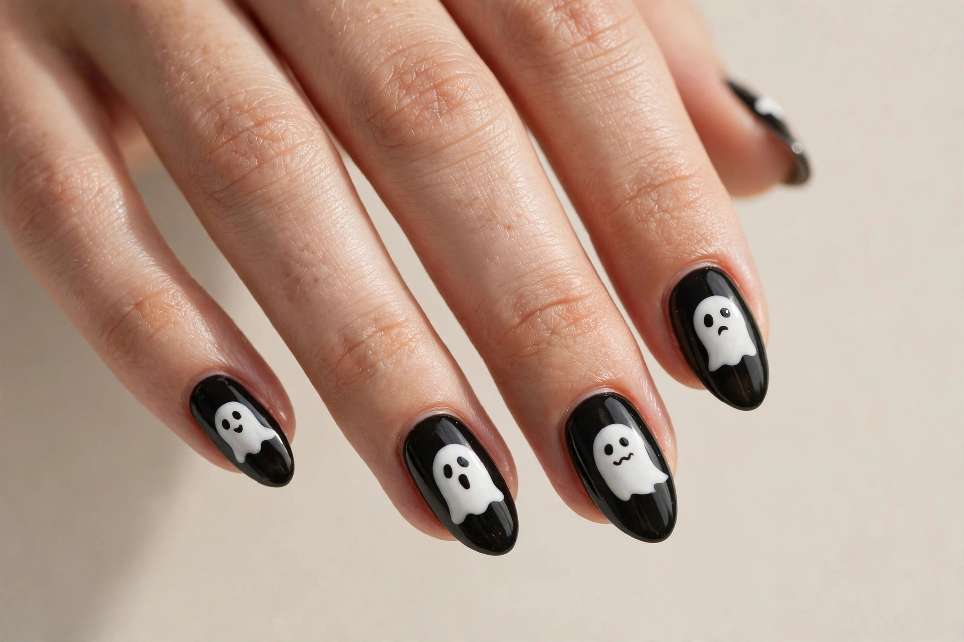 Classic white ghost faces on black nails