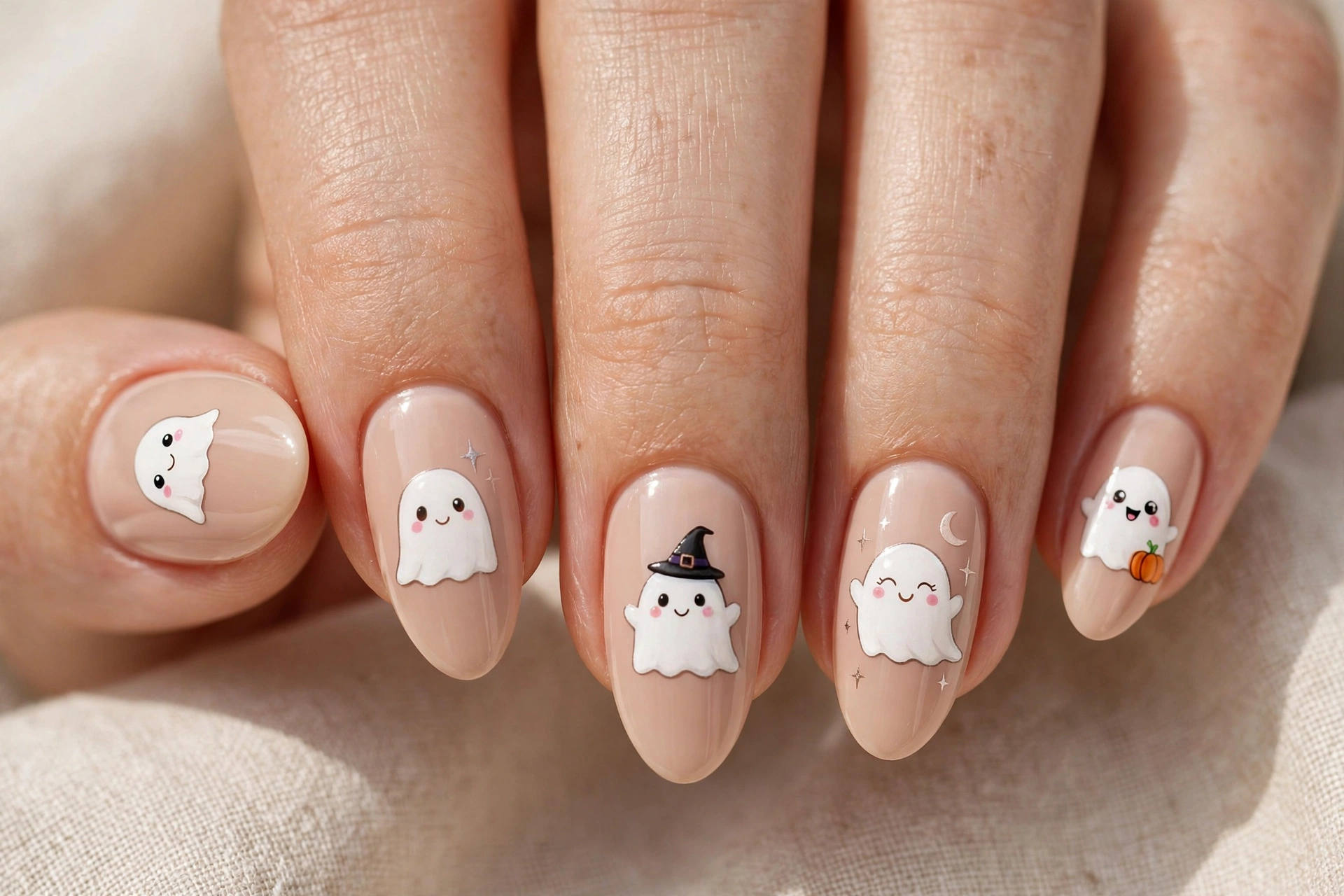 Cute kawaii ghost faces on nude nails