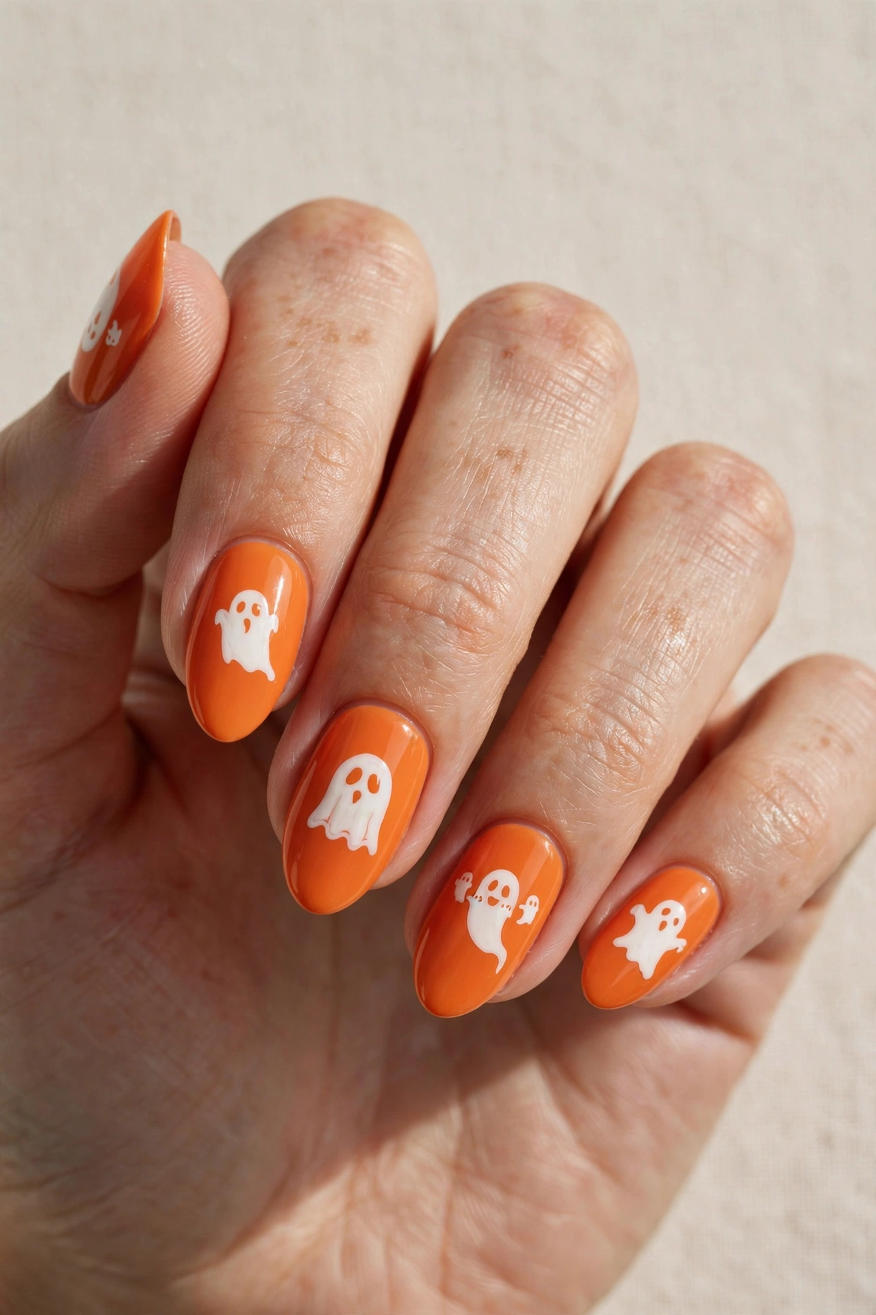 White ghost silhouettes on orange nails