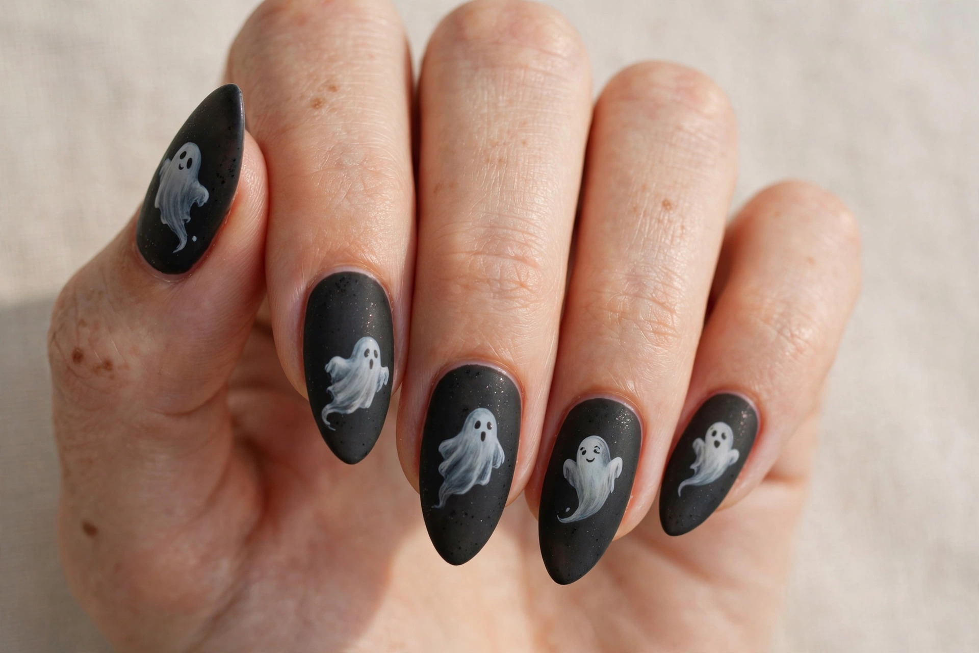 Grey ghosts on dark charcoal nails