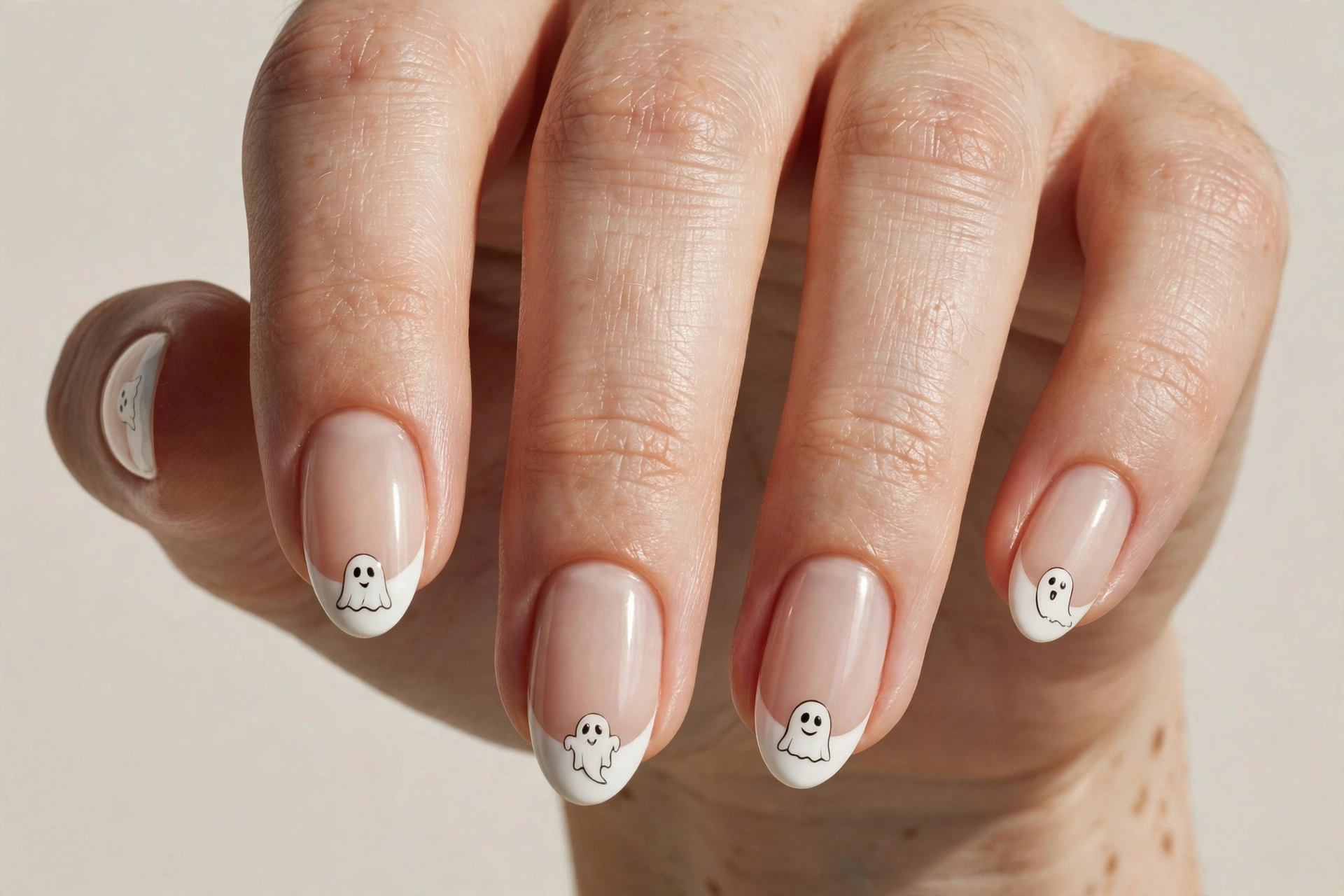 Tiny ghost faces on French tip nails