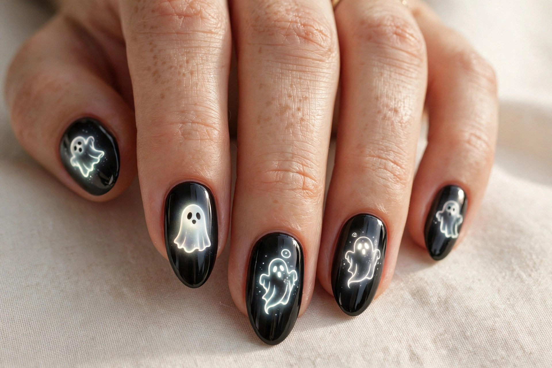 Glowing white ghosts on black nails