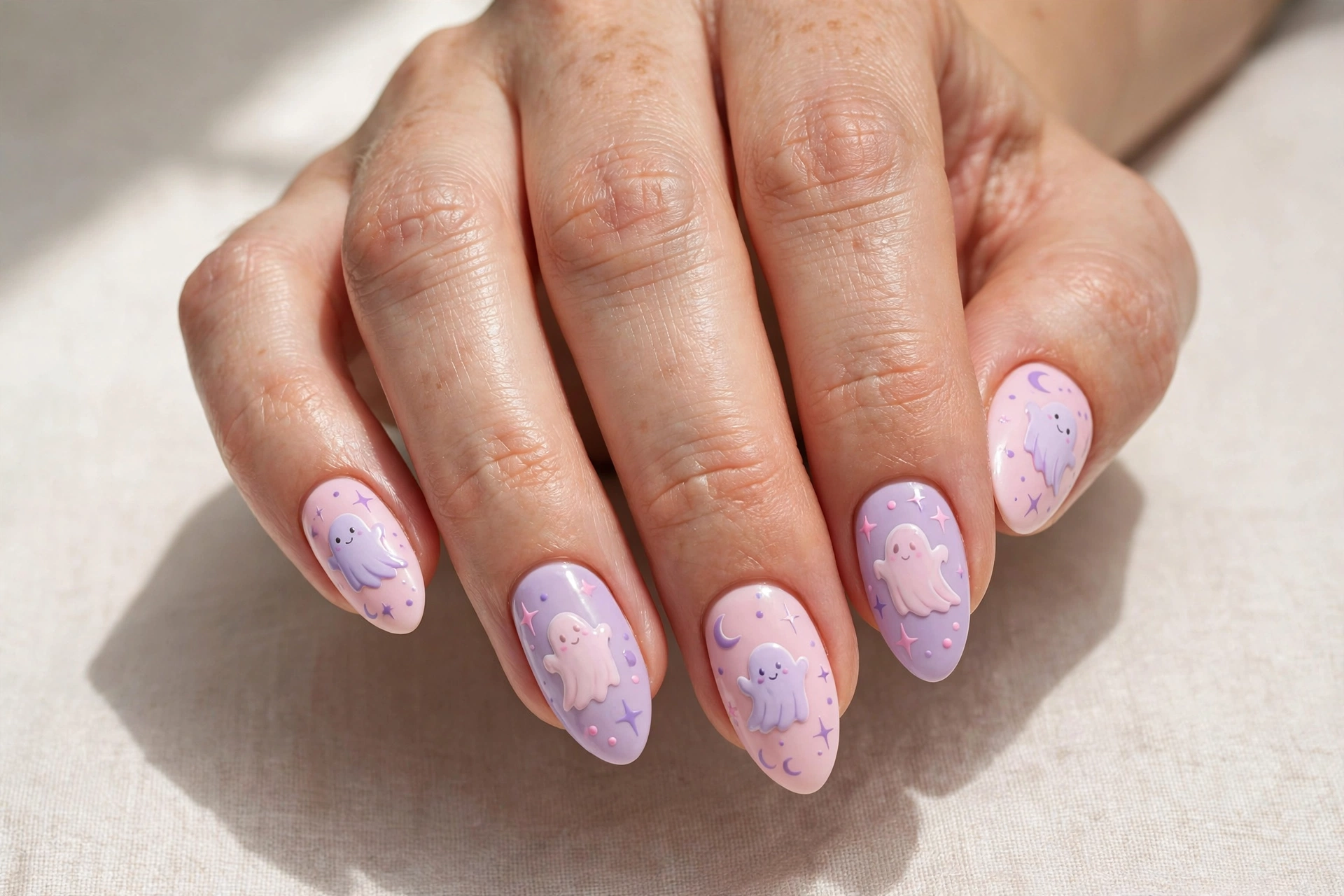 Pastel pink and lavender ghost nail art