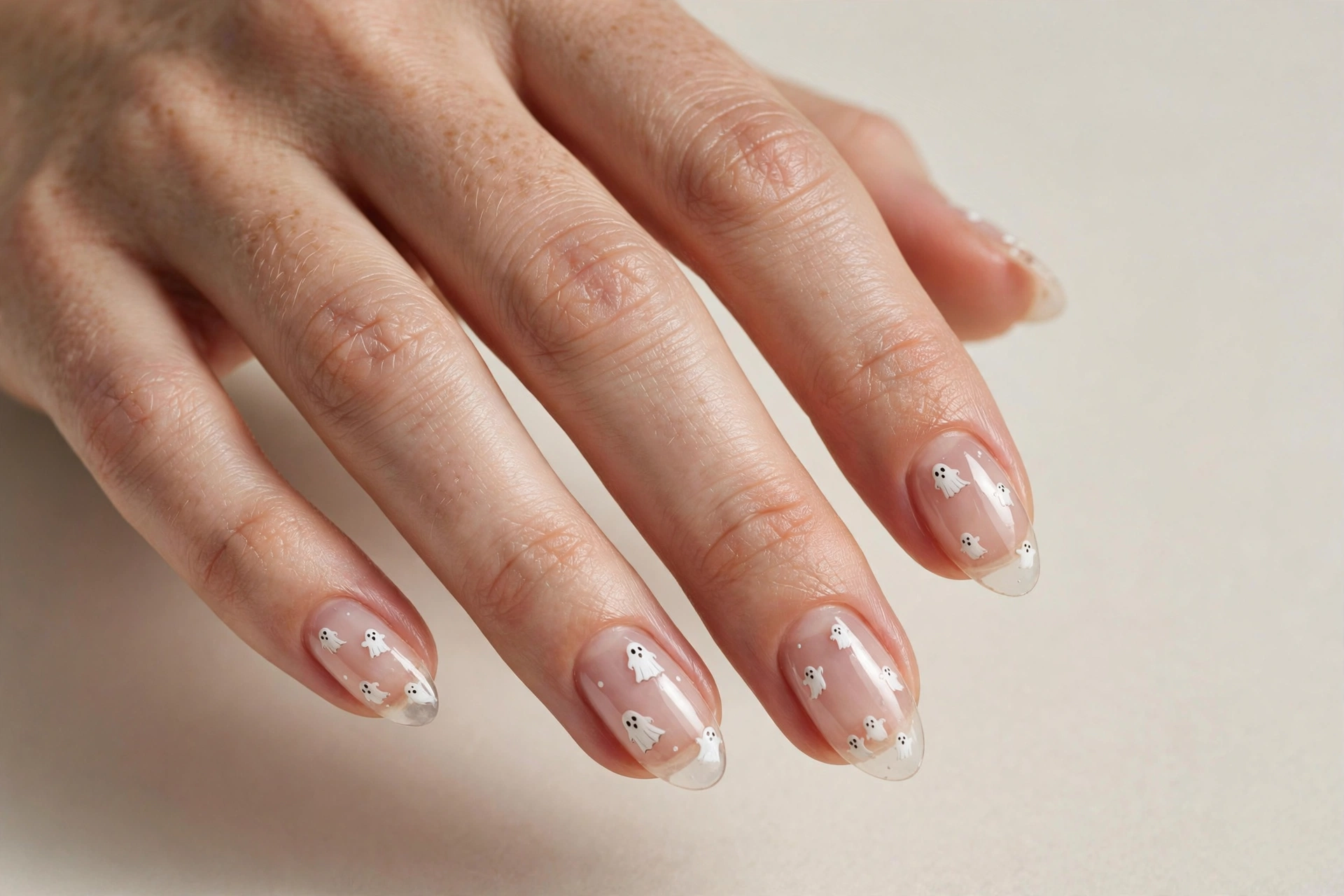 Tiny white ghosts scattered on sheer nails