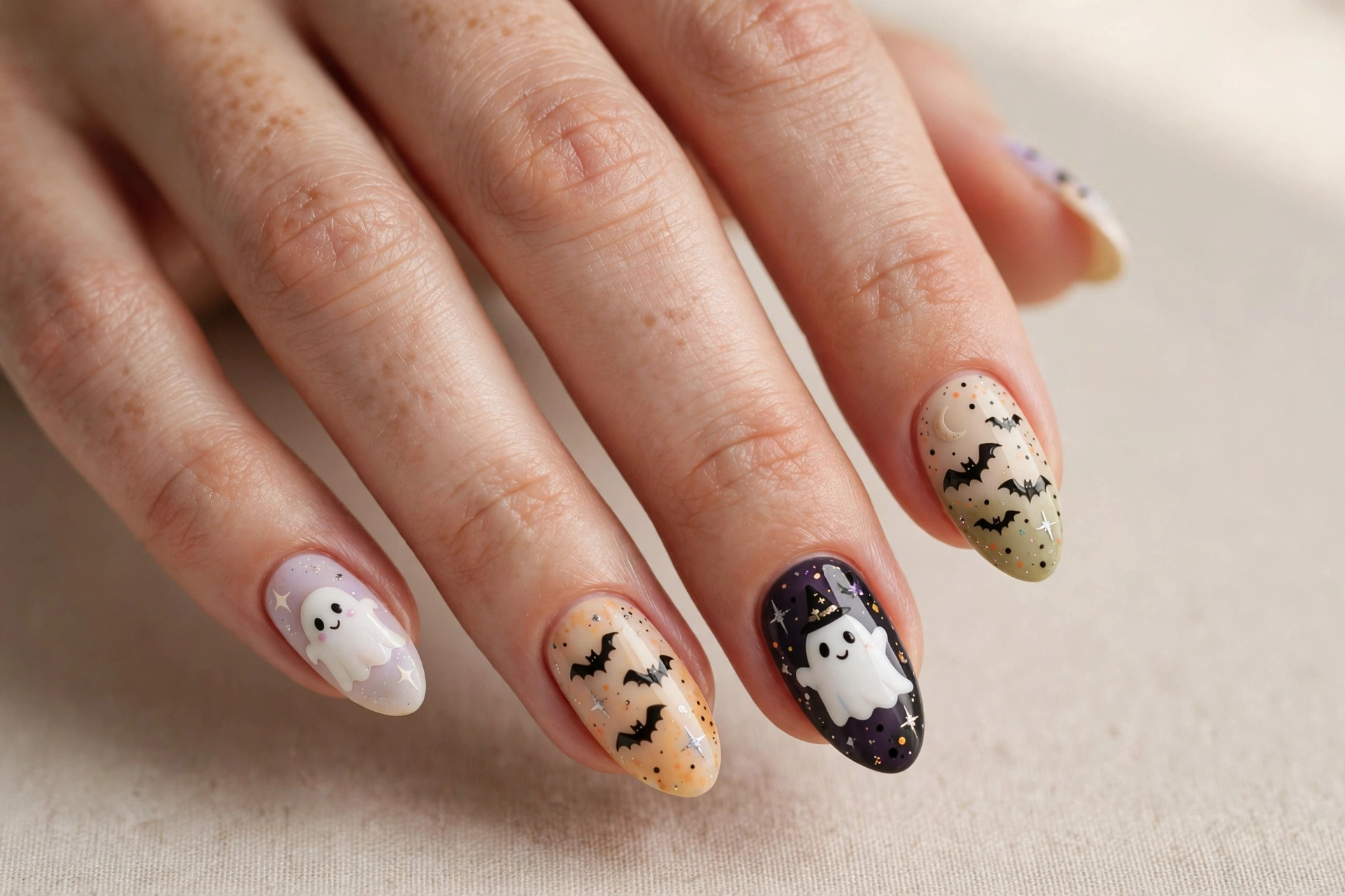 Cute ghost and tiny bats nail art