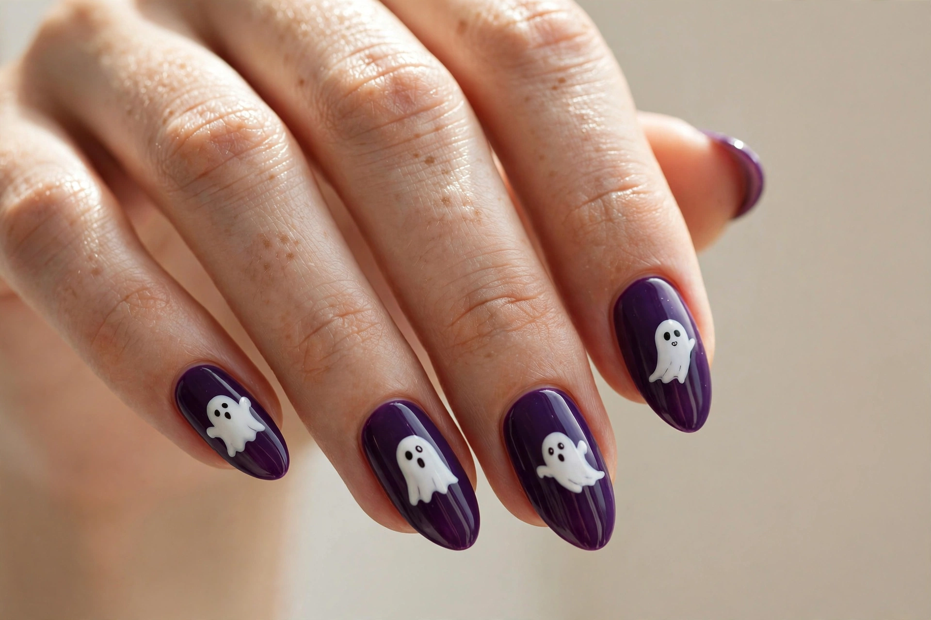 White ghosts on deep purple nails