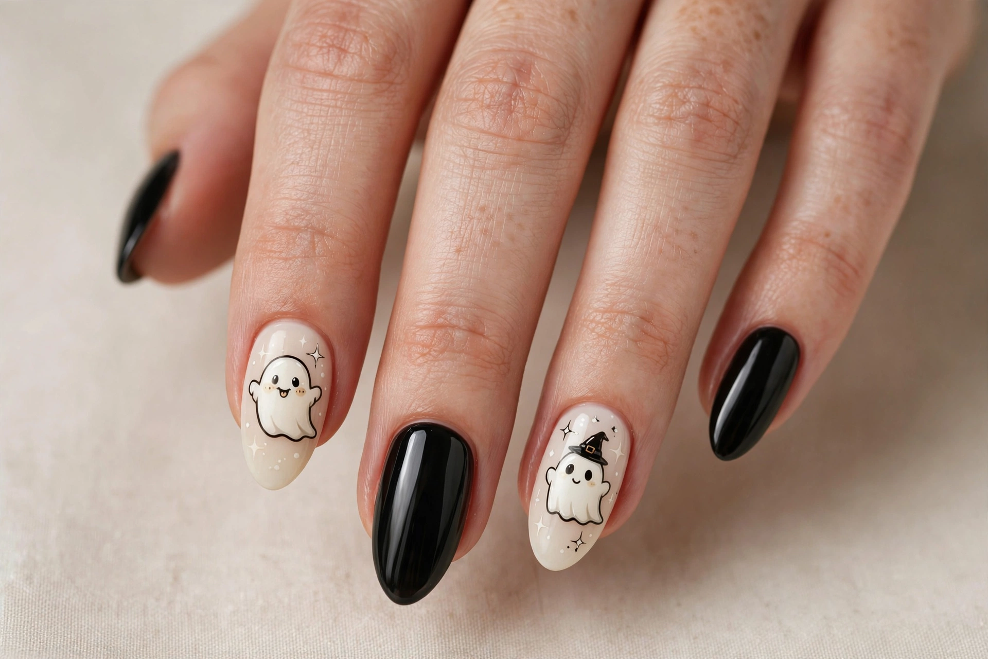 Cartoon ghost faces on accent nails with black nails
