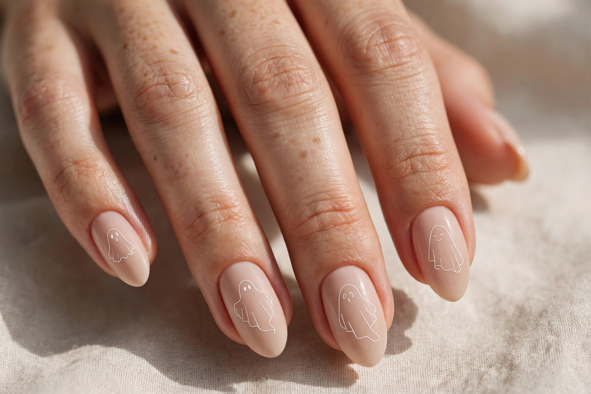 Elegant thin white ghost line art on nude nails
