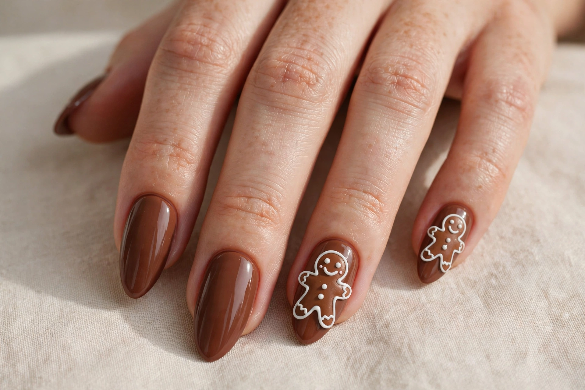 Almond nails with smiling gingerbread man faces painted in white icing on cocoa brown