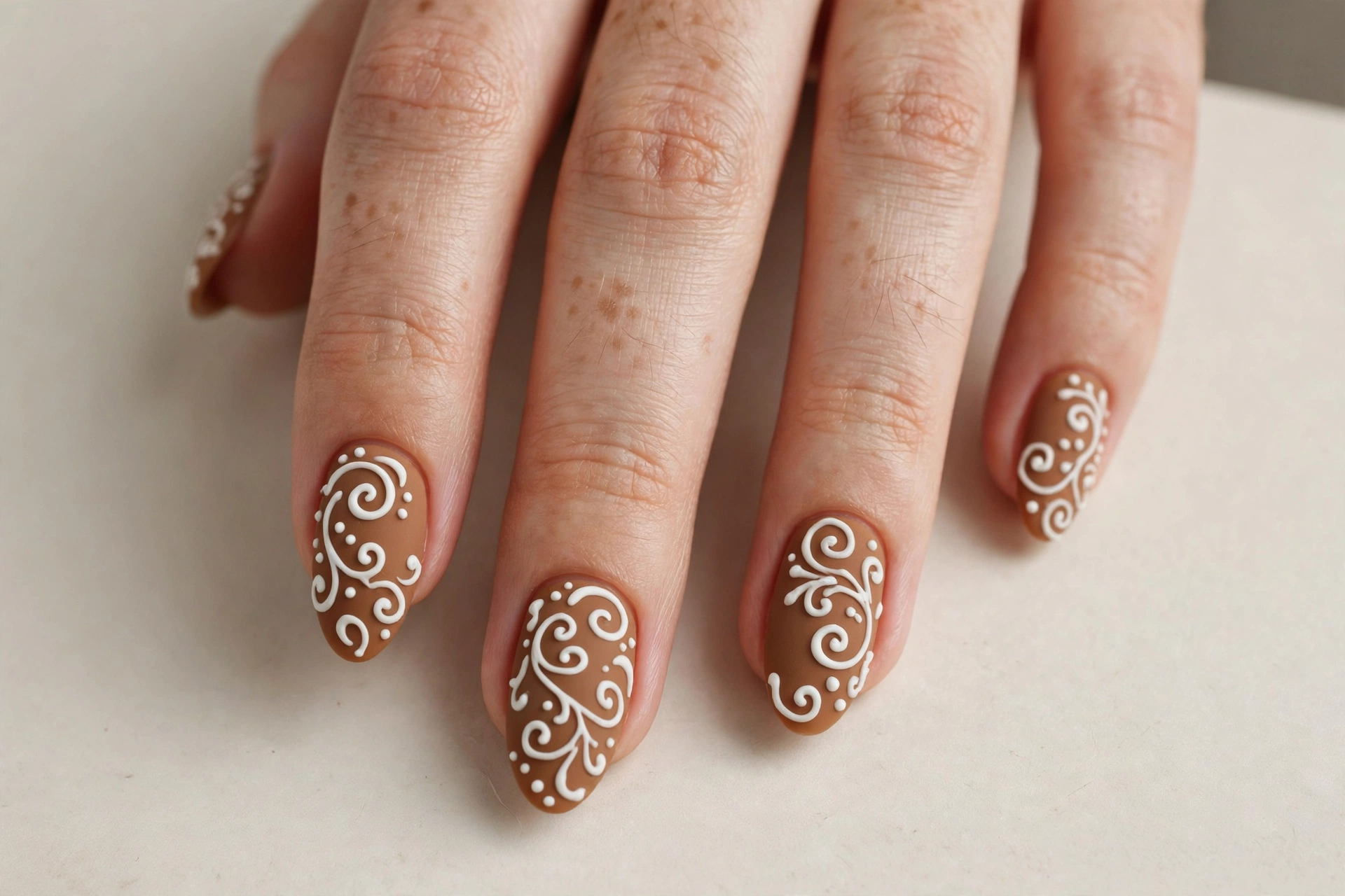 Matte gingerbread brown nails with white royal icing swirl patterns