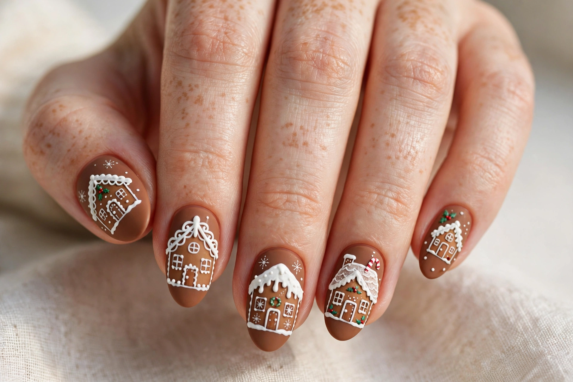 Tiny hand-painted gingerbread houses with white icing roofs on warm brown nails
