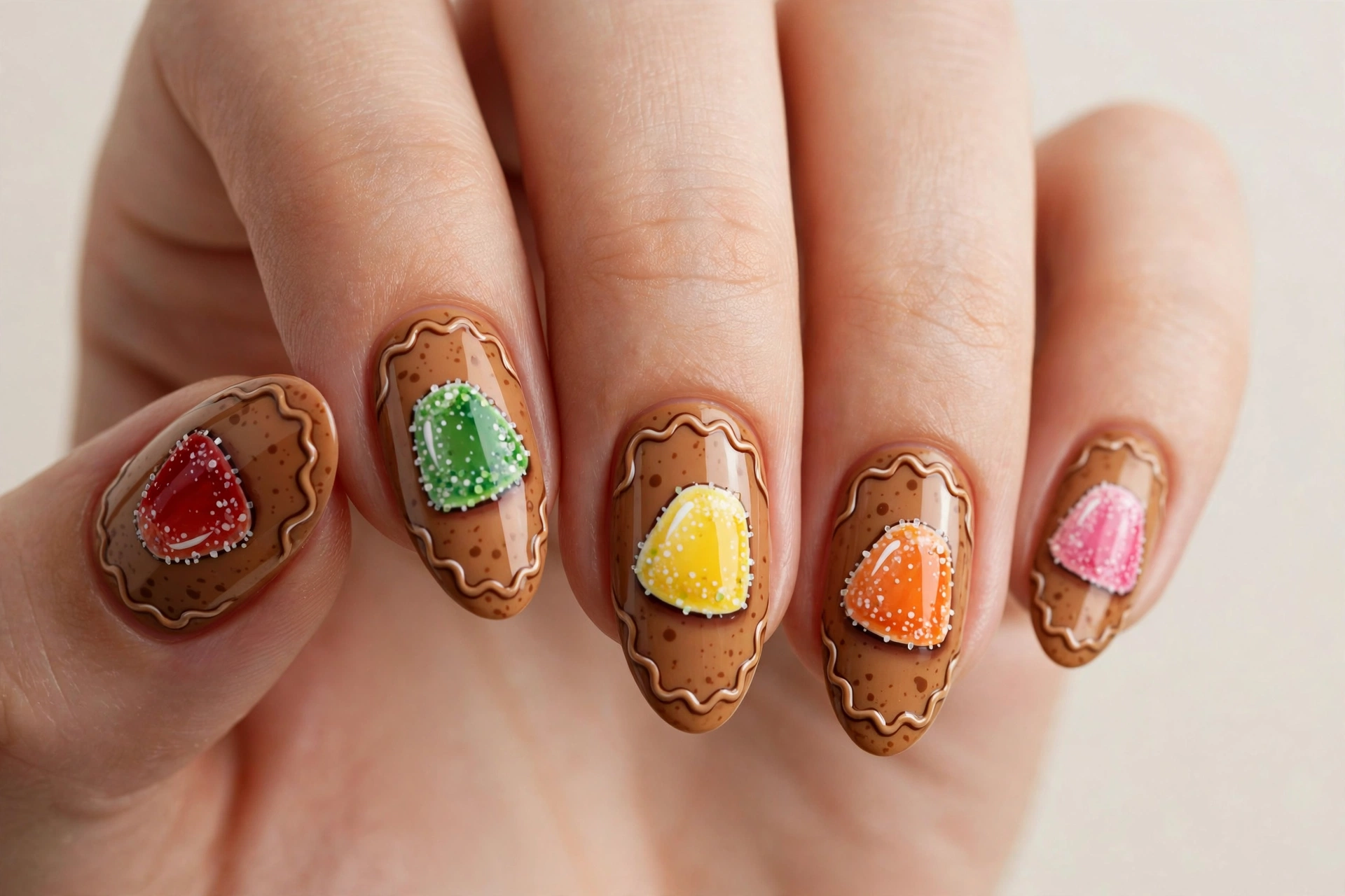 Glossy sugar-coated gumdrop candies painted on warm brown gingerbread nails