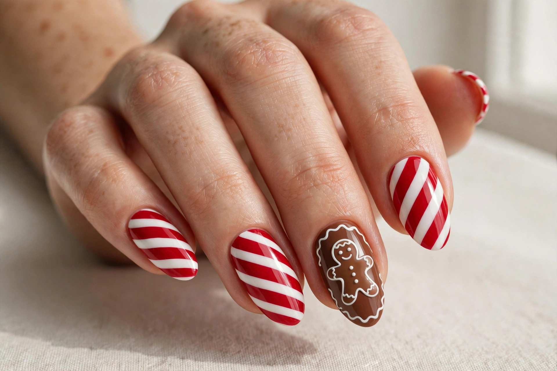 Red and white candy cane striped nails with a cocoa brown gingerbread accent nail
