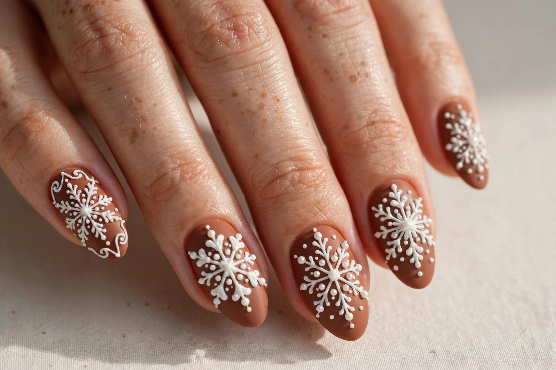 Delicate white snowflake icing details on cocoa brown nails