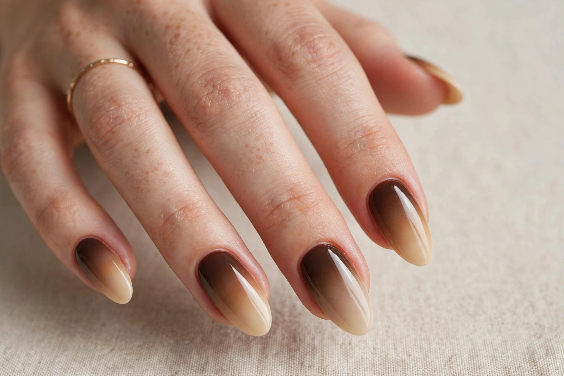 Smooth ombre fade from deep espresso brown to creamy beige like a gingerbread latte