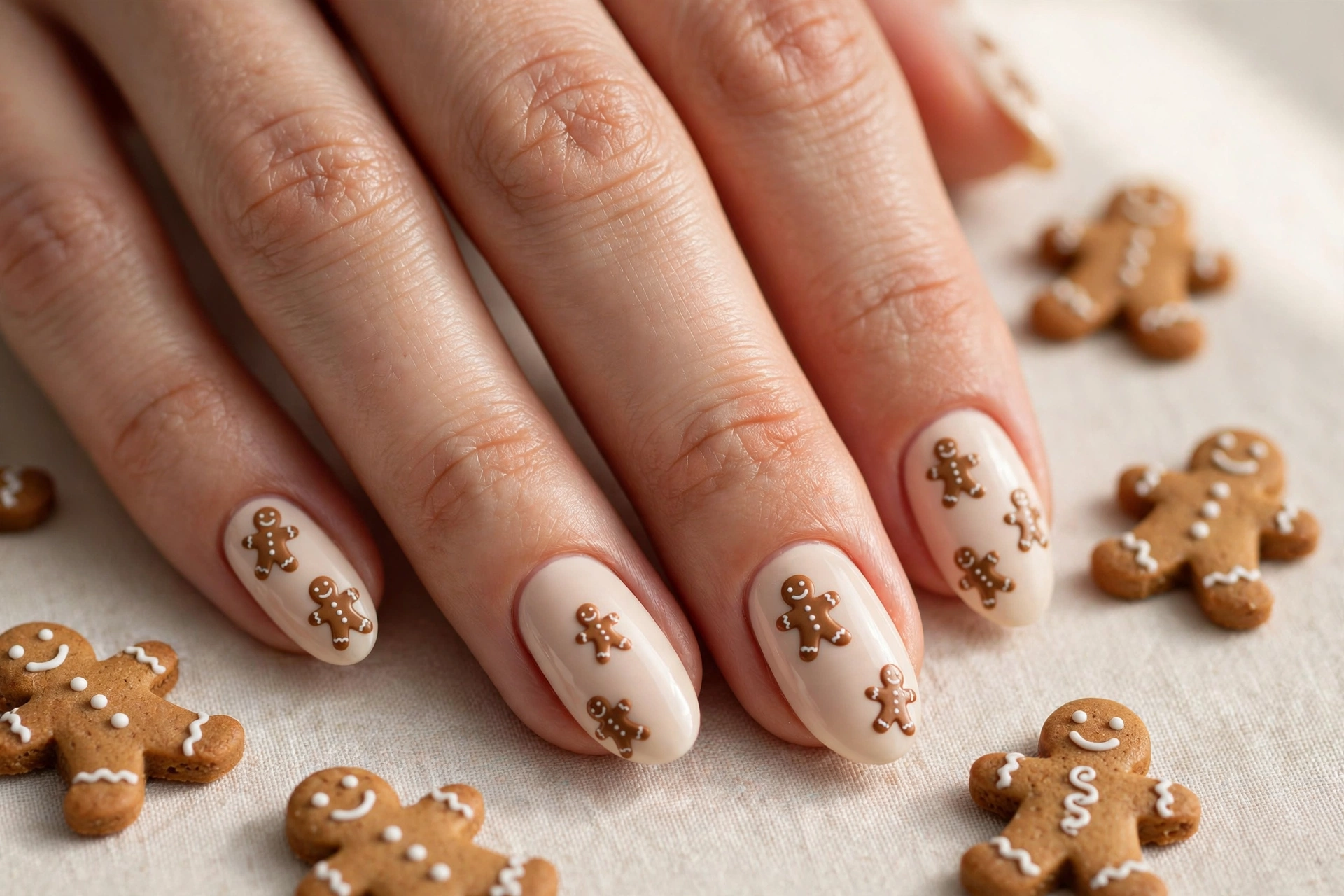 Miniature gingerbread cookie men scattered over creamy nude nails