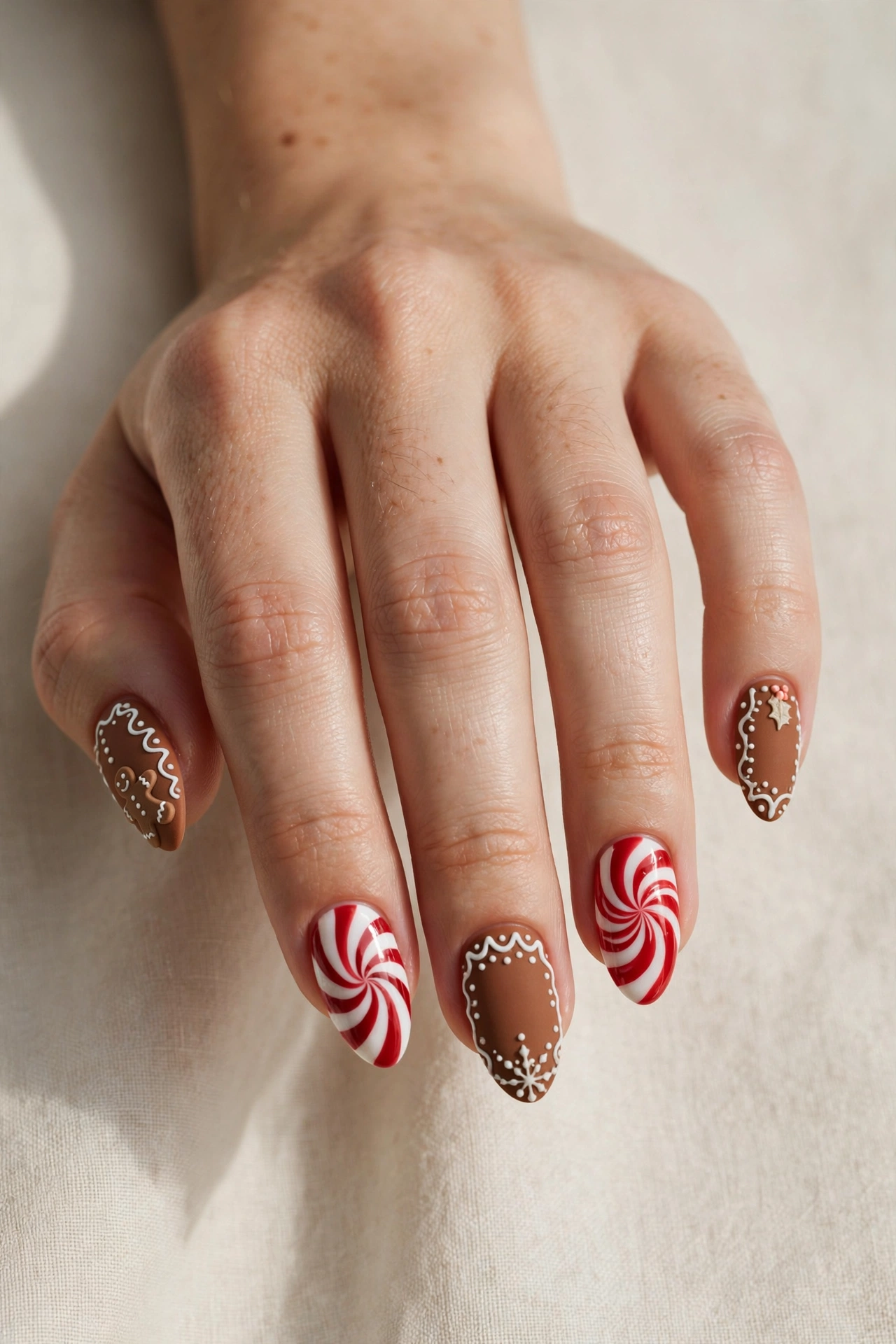 Red and white peppermint swirl nails mixed with cocoa brown gingerbread nails