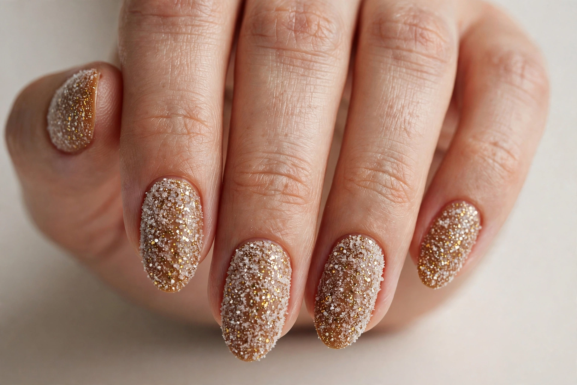 Warm brown nails with fine gold and white glitter like sparkling sugar frosting