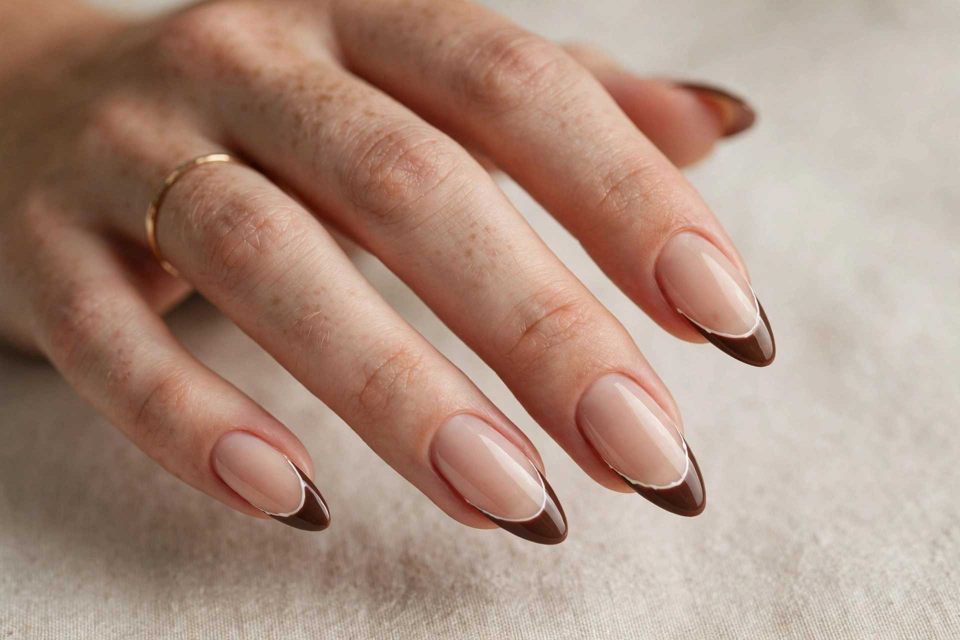 Nude nails with chocolate brown french tips outlined in thin white icing line