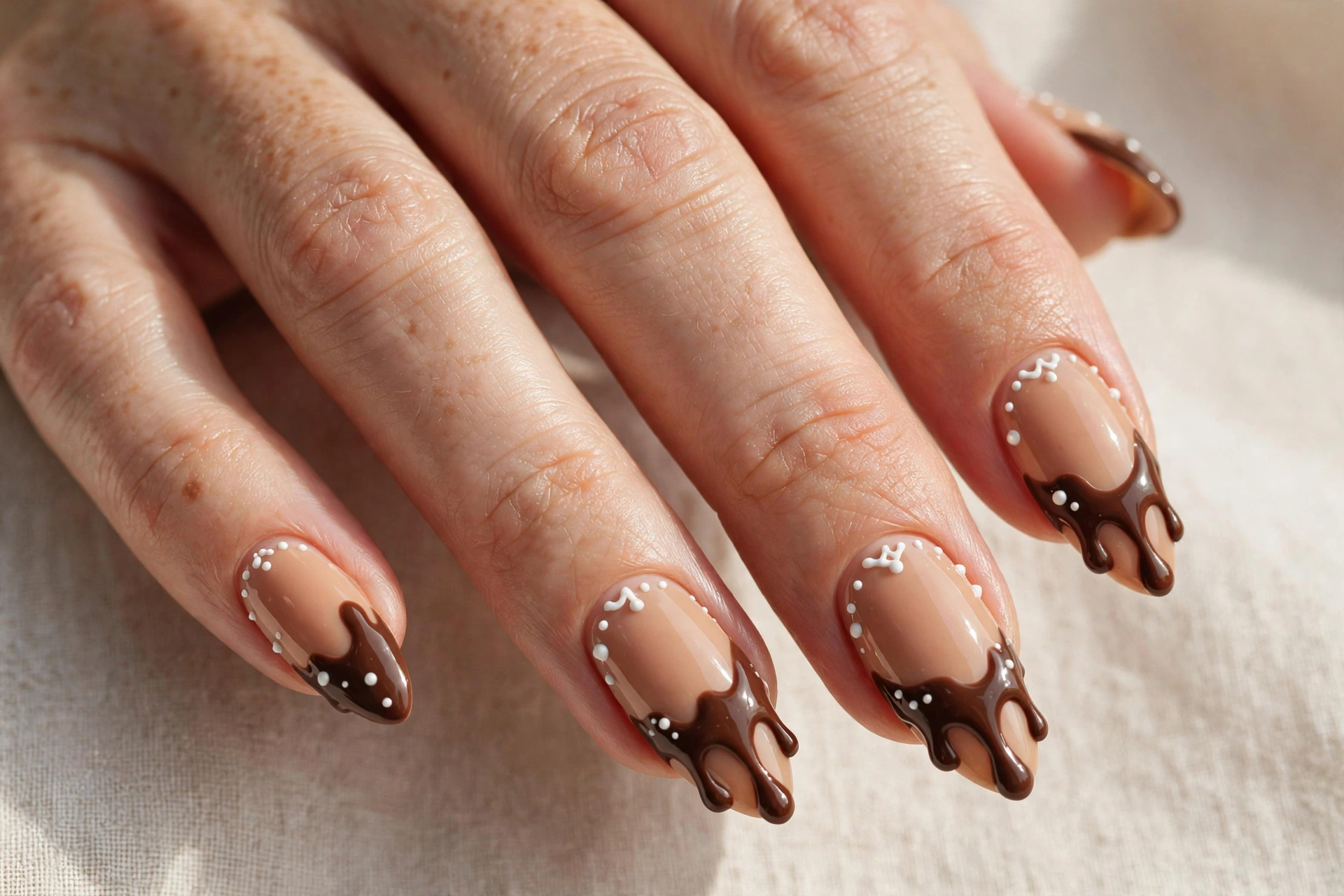 Caramel nude nails with glossy melted chocolate dripping from the tips and tiny white icing dots