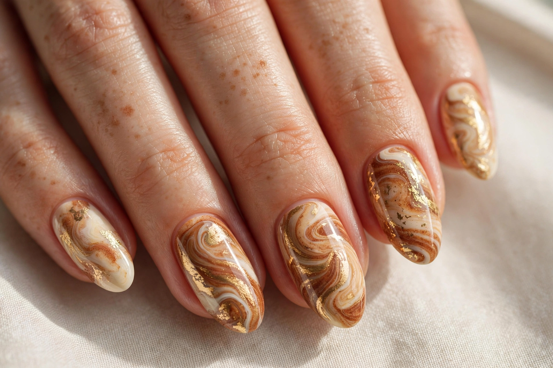 Swirled marble nails in cinnamon brown, cream and gold like spiced cookie batter