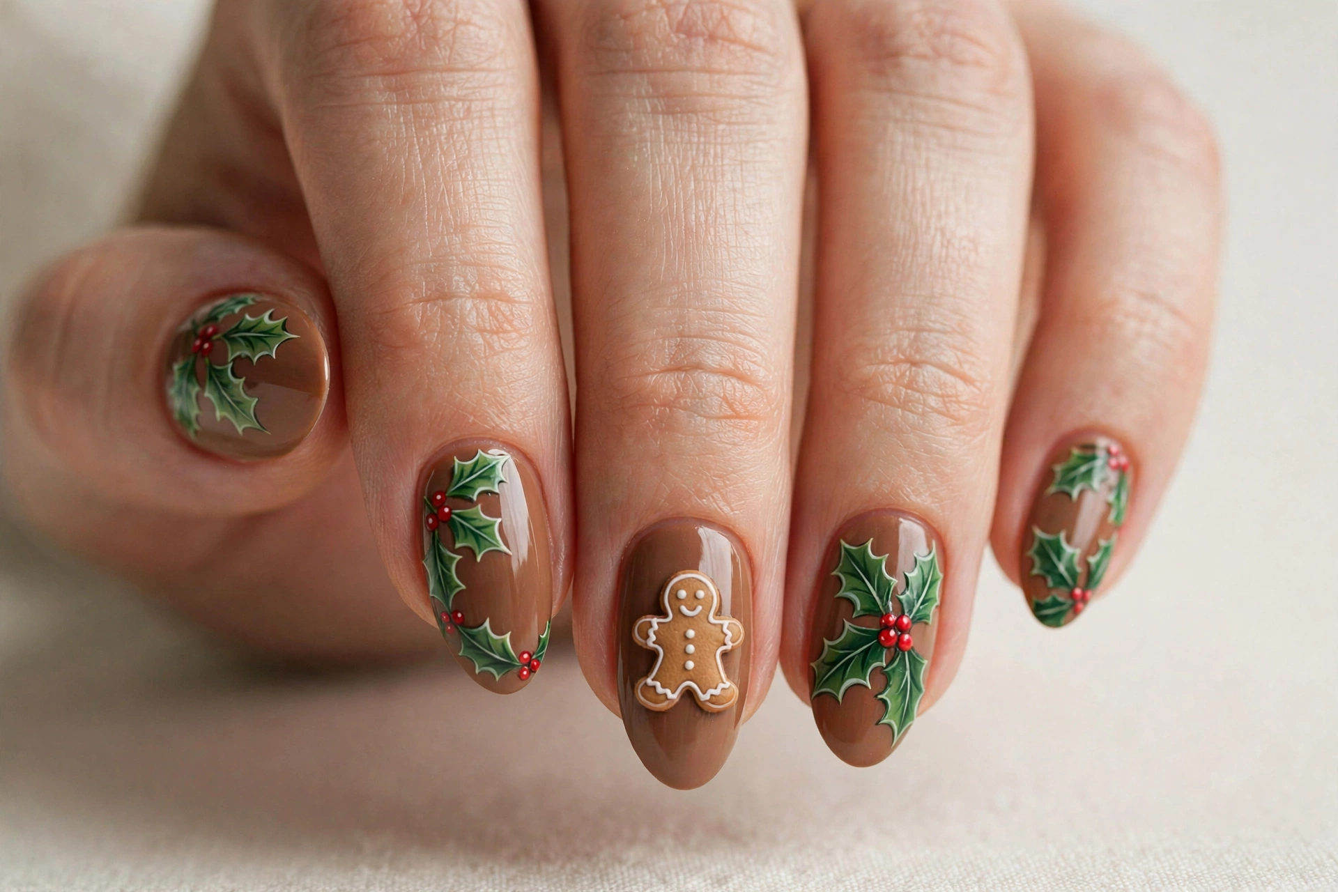Green holly leaves with red berries and a small gingerbread cookie on brown nails