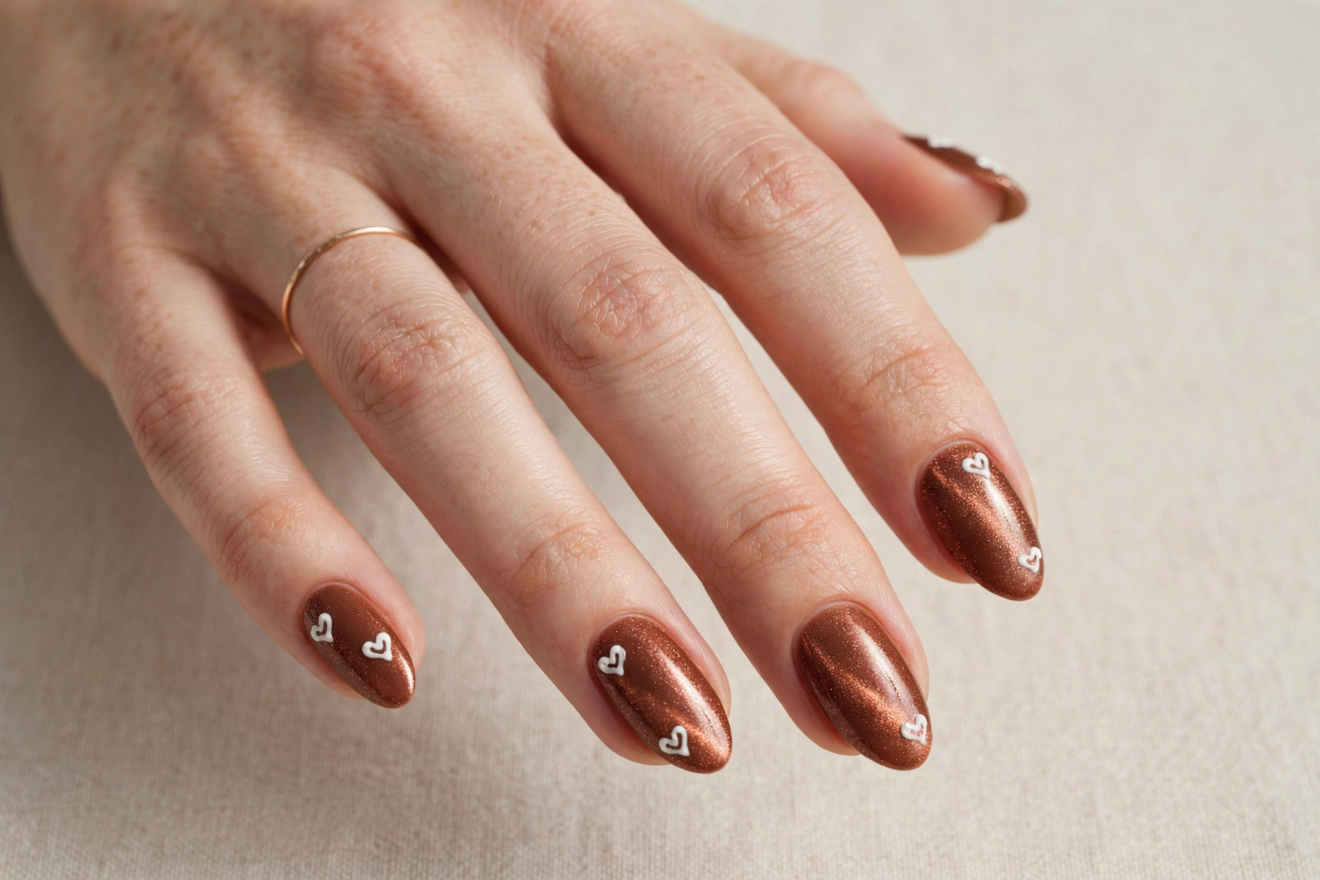 Rich hot-cocoa brown nails with subtle copper shimmer and tiny white icing hearts