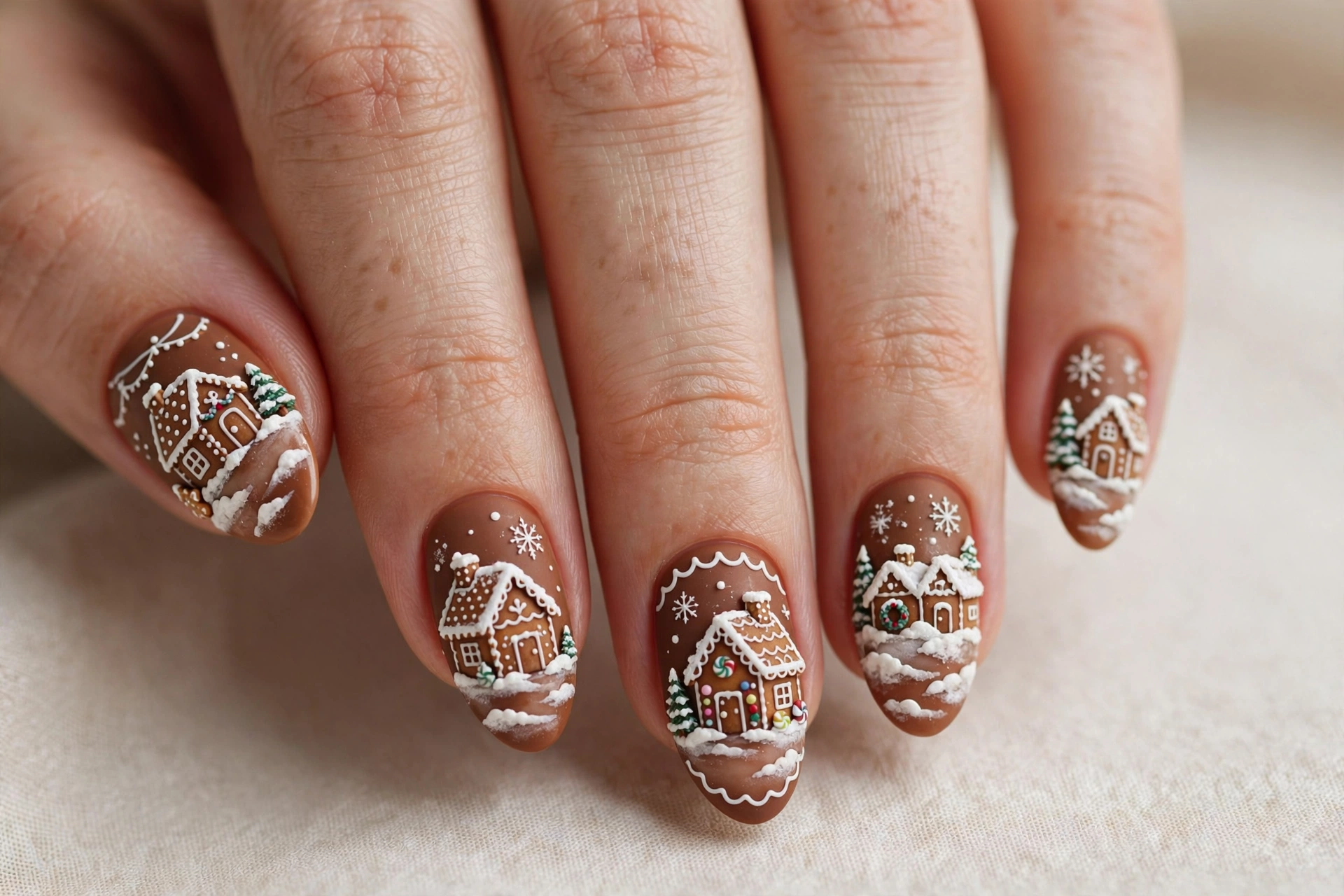 Tiny winter village with gingerbread houses and snow painted on warm brown nails