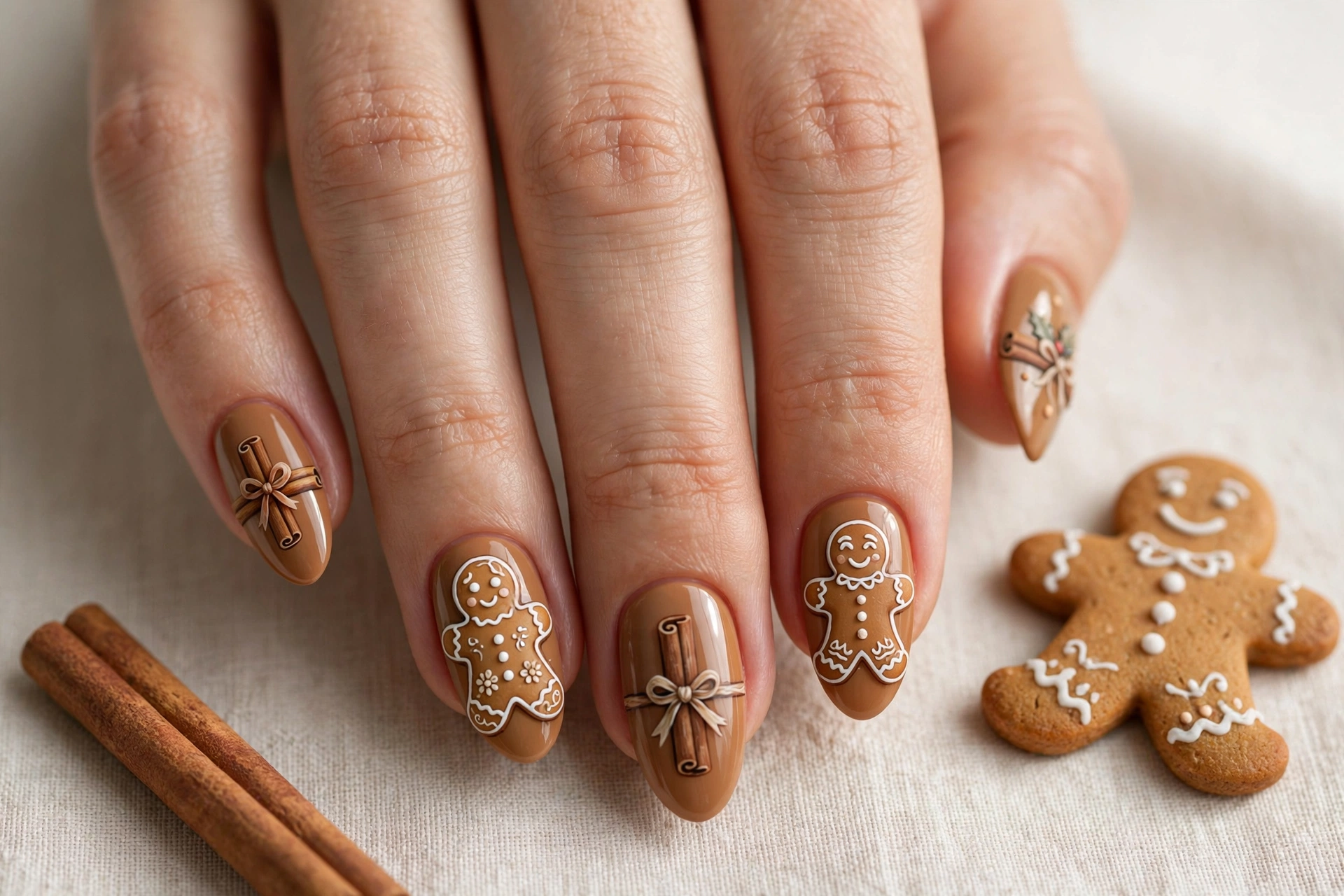 Painted cinnamon sticks tied with ribbon and gingerbread cookies on caramel brown nails