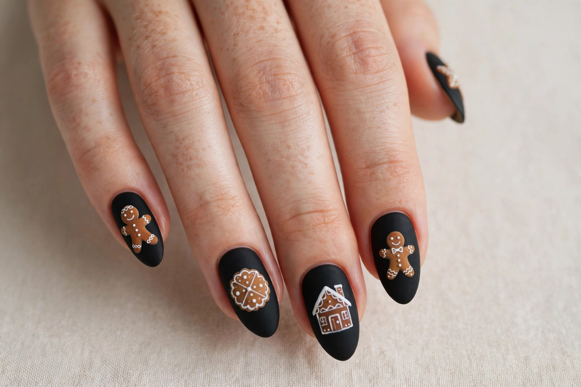 Deep matte black nails with small warm gingerbread cookie art and white icing details