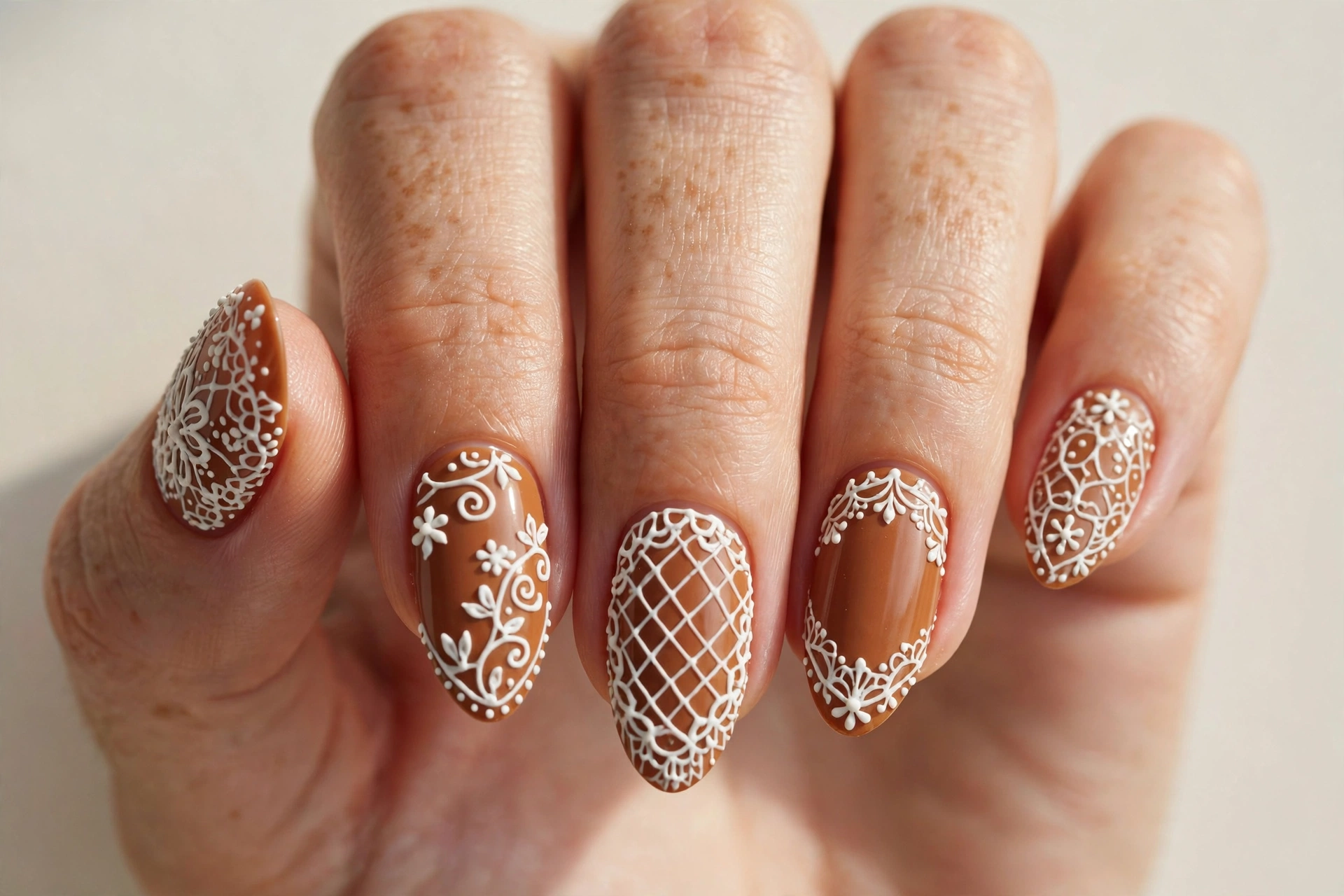 Delicate white lace-like icing patterns over warm gingerbread brown nails