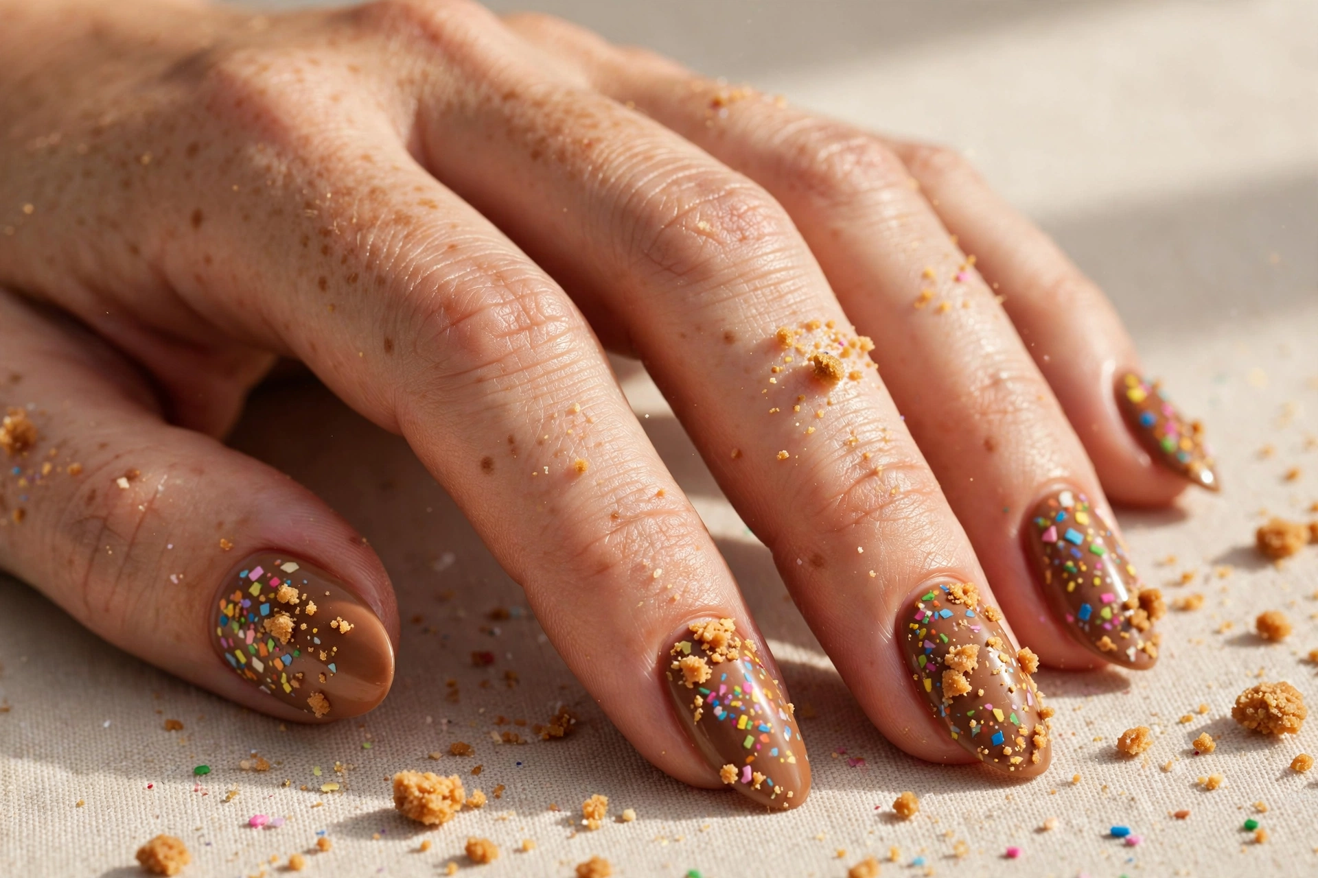 Warm brown nails with tiny colorful sprinkle confetti and golden crumb specks